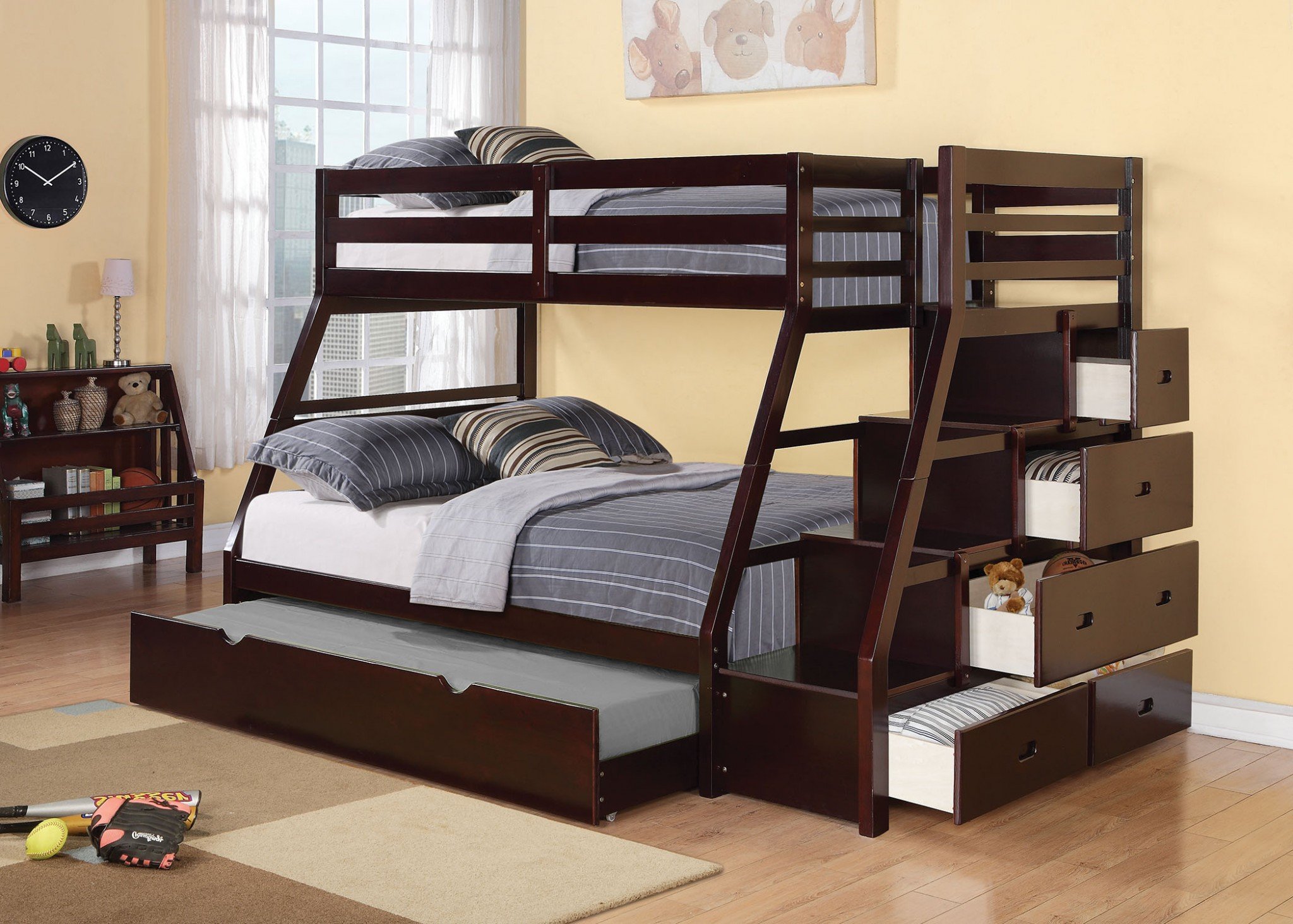 Espresso pine wood bunk bed with twin over full design, featuring a trundle and storage ladder, perfect for children's bedrooms.
