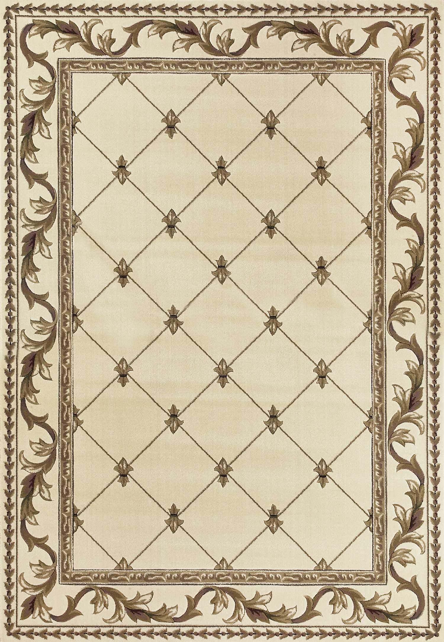 A beautiful 9x13 inches ivory area rug featuring a fleur-de-lis design, perfect for enhancing home decor.