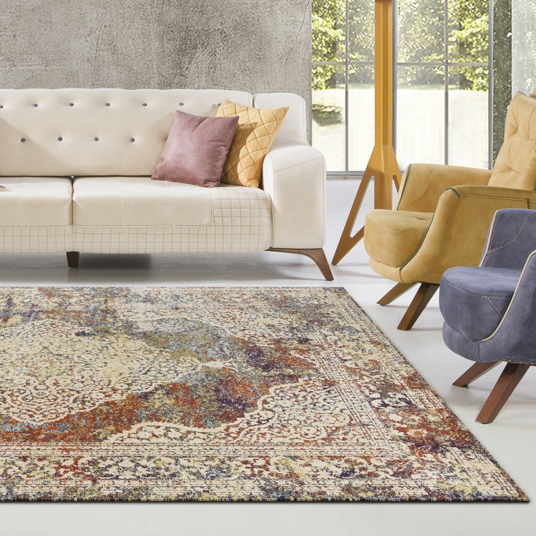 A beautiful 9x13 inches polypropylene multi area rug featuring a traditional Marrakesh design in natural, beige, brown, and grey colors.