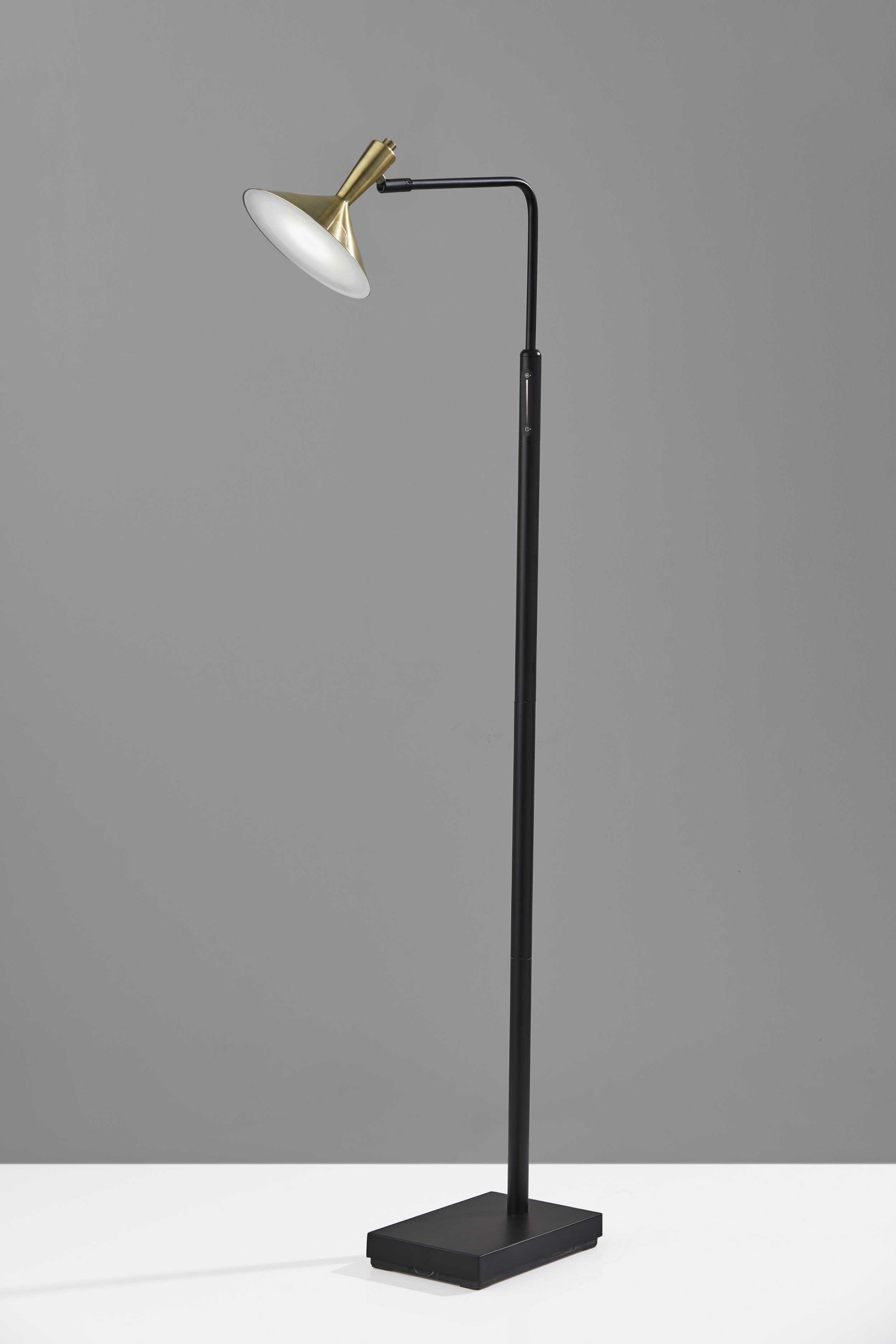 Adjustable Brass Spotlight LED Floor Lamp in Black Metal with antique brass accents and adjustable shade.