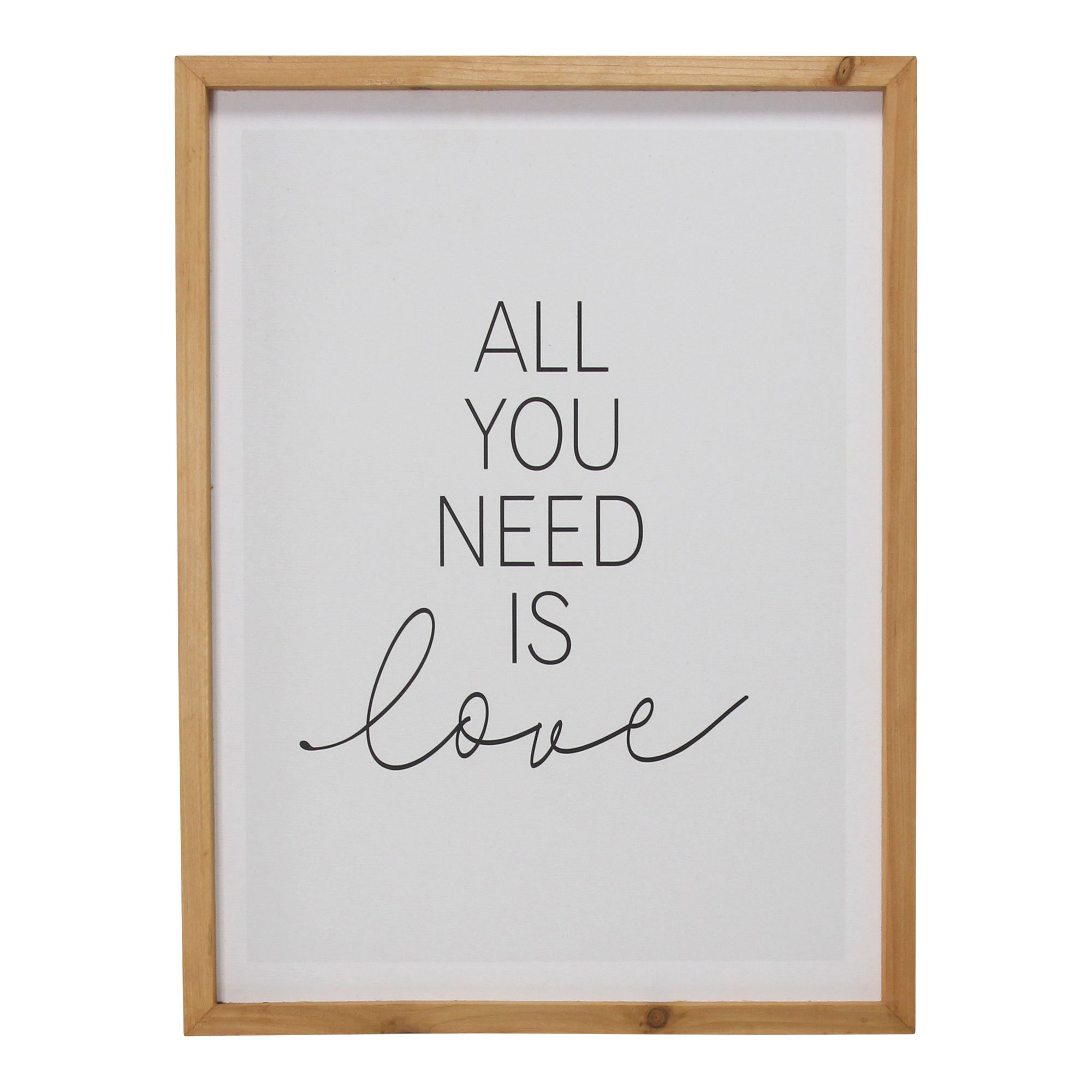 Framed wall art featuring the quote 'All You Need is Love' in black-and-white, set in a natural wood frame.