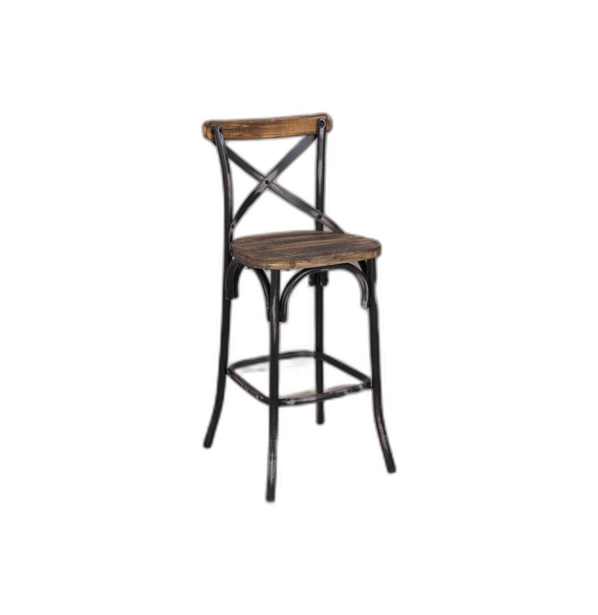 Antique Black Reclaimed Wooden Bar Chair featuring a vintage design with an 'X' style backrest and flared legs.