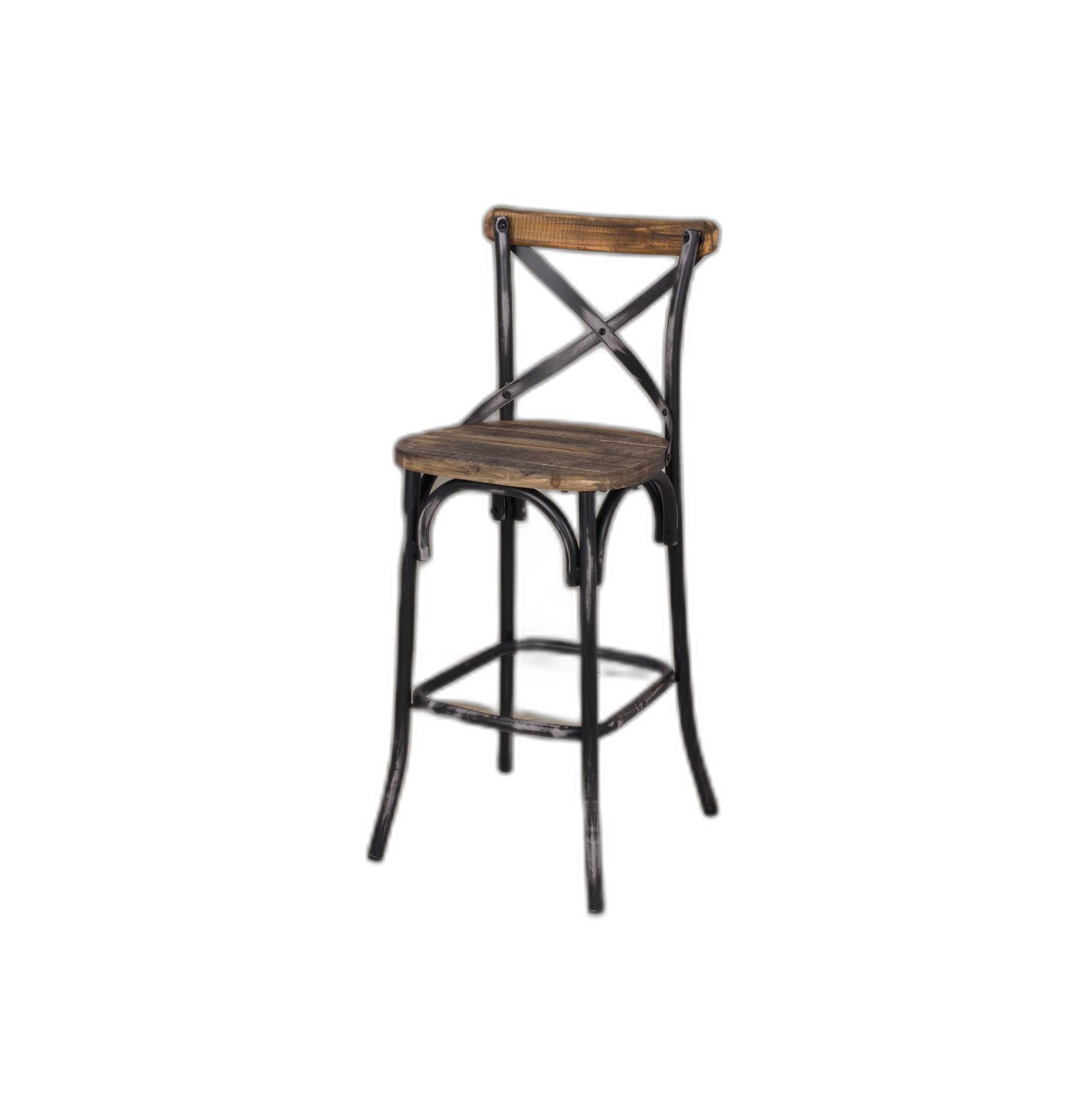 Antique Black Reclaimed Wooden Bar Chair featuring a vintage design with an 'X' style backrest and flared legs.