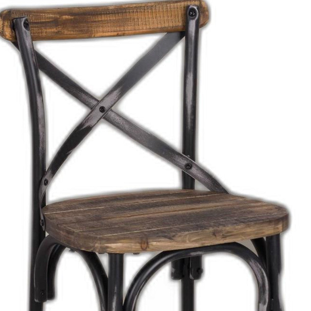 Antique Black Reclaimed Wooden Bar Chair featuring a vintage design with an 'X' style backrest and flared legs.