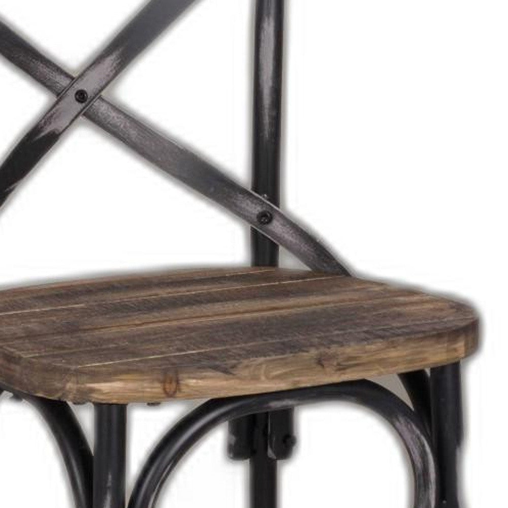 Antique Black Reclaimed Wooden Bar Chair featuring a vintage design with an 'X' style backrest and flared legs.