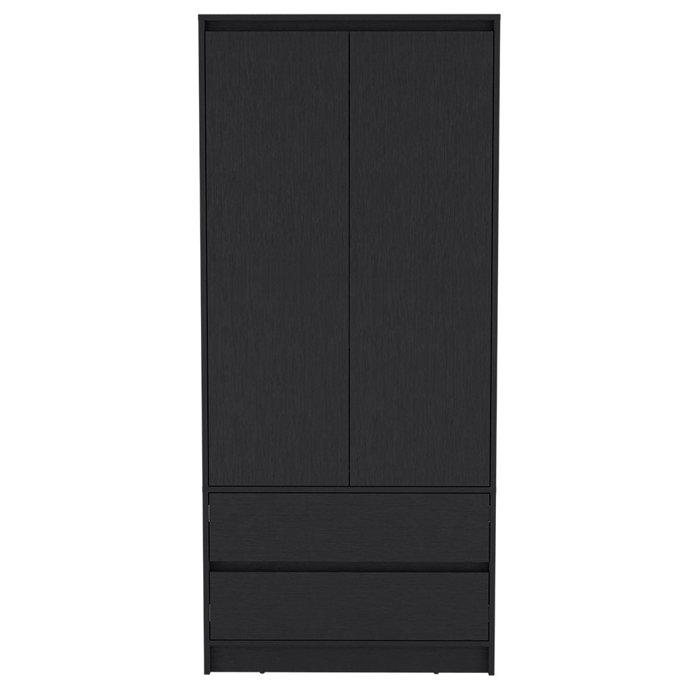 Closher Armoire in black finish with two doors and two drawers, perfect for bedroom storage.