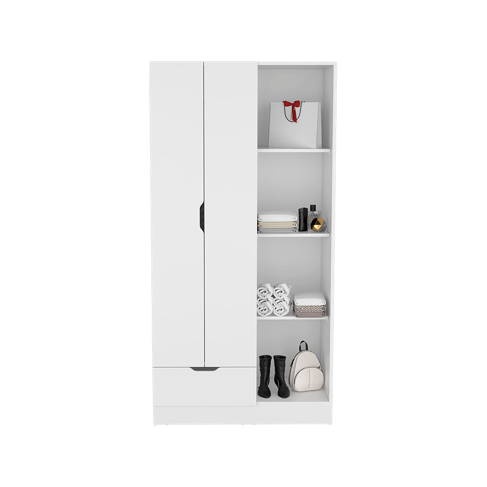 Dover Armoire in white with four shelves, a drawer, and double doors, showcasing modern design and functionality.