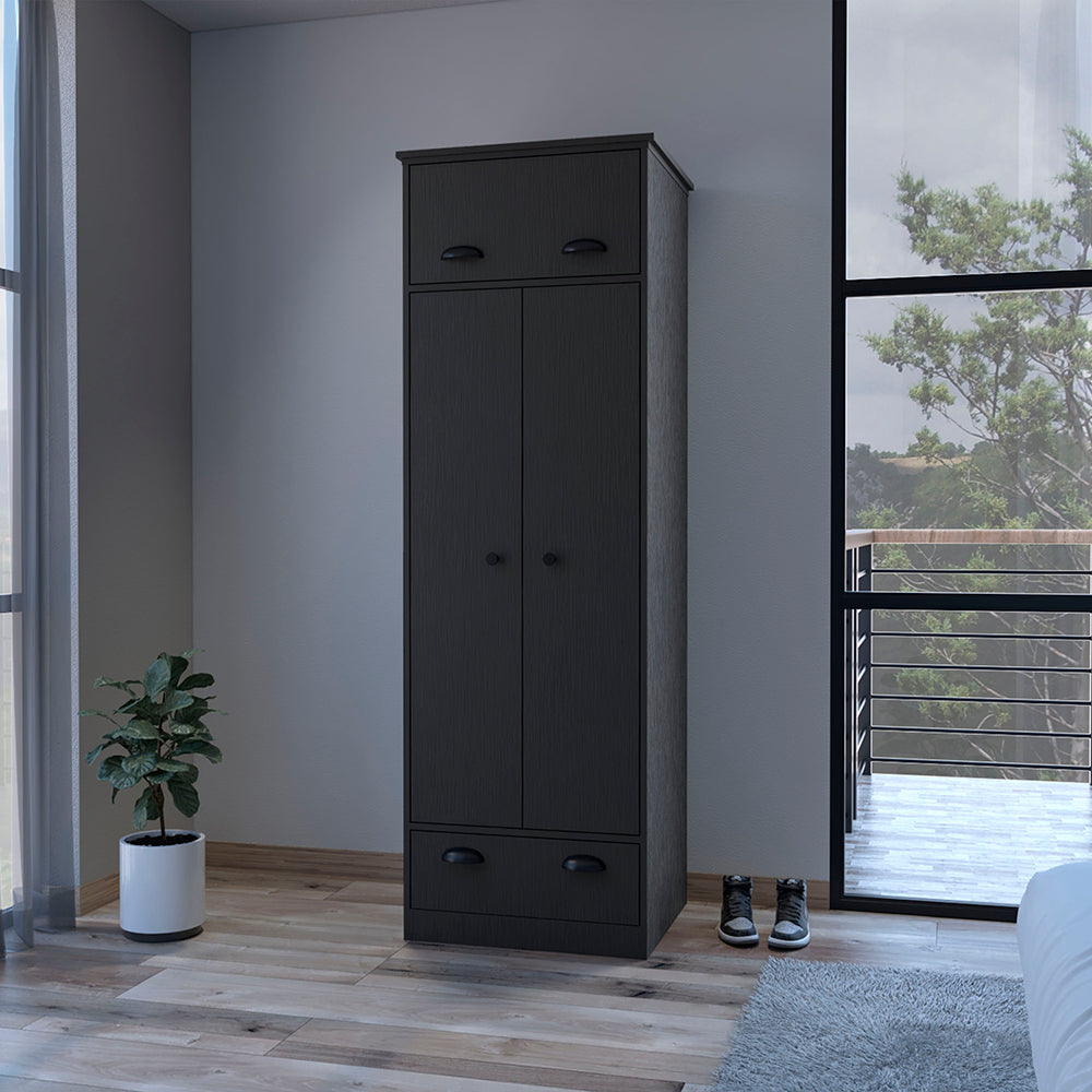 Dumas Armoire in black featuring two doors, a top-hinged drawer, and a lower drawer, showcasing its sleek design and ample storage space.