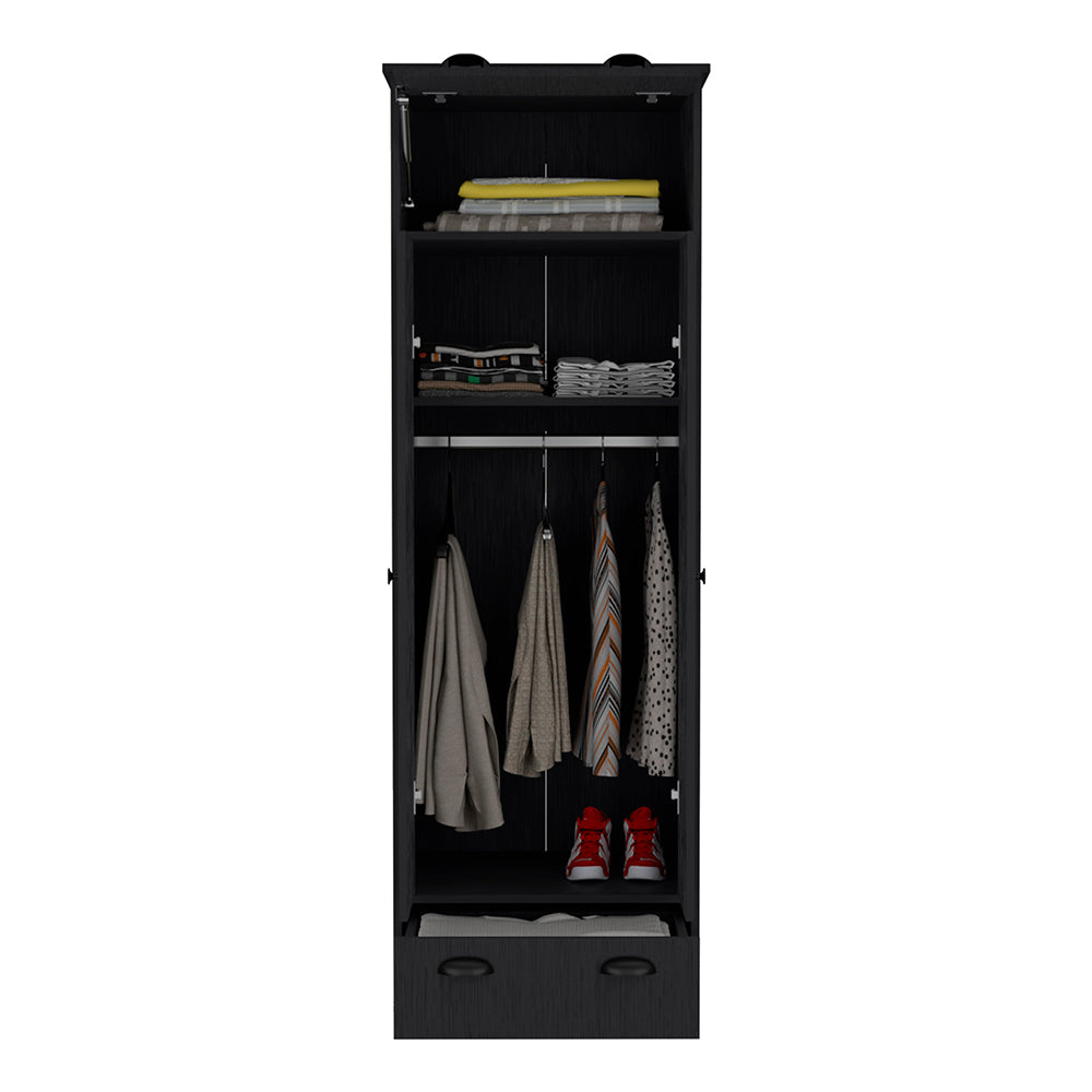 Dumas Armoire in black featuring two doors, a top-hinged drawer, and a lower drawer, showcasing its sleek design and ample storage space.