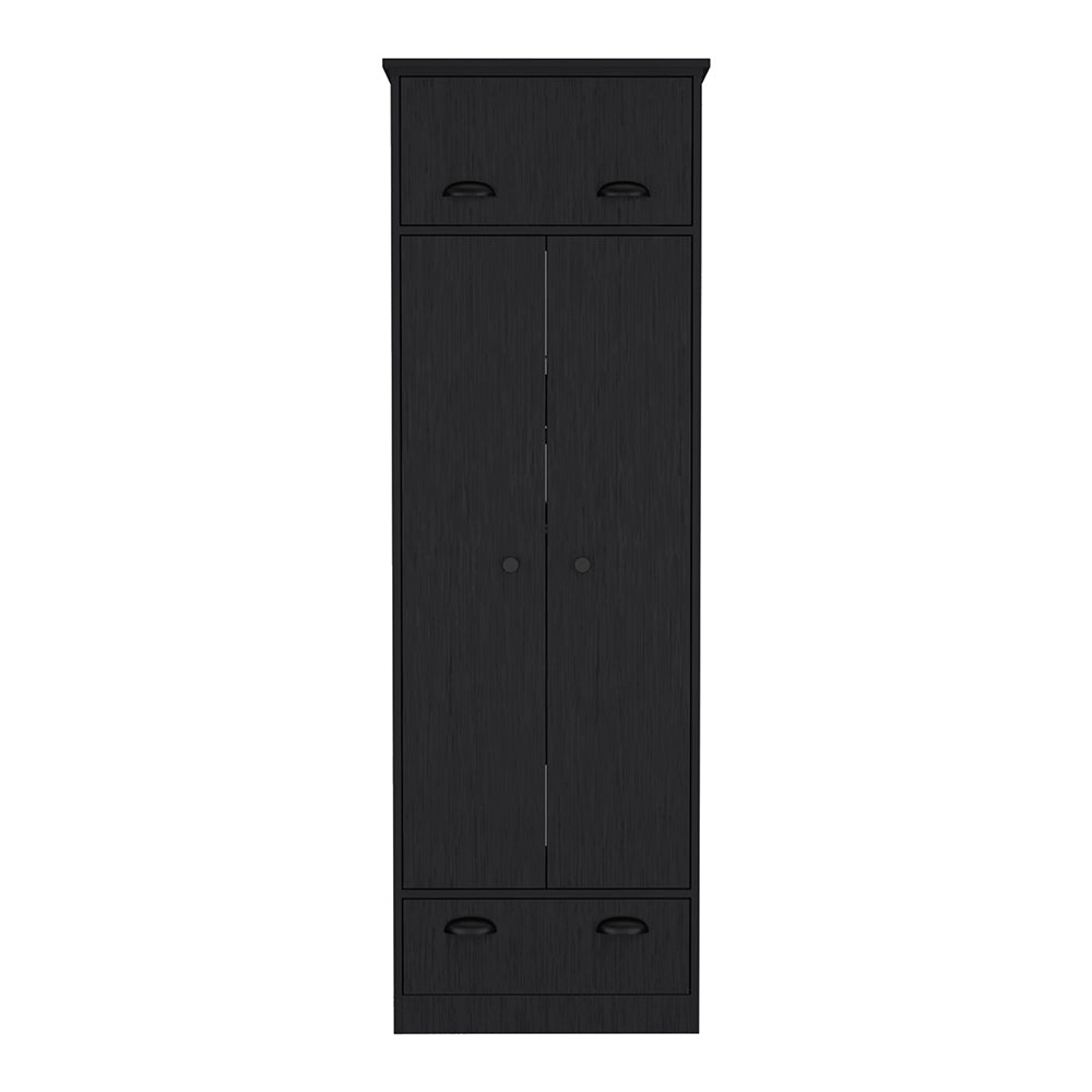 Dumas Armoire in black featuring two doors, a top-hinged drawer, and a lower drawer, showcasing its sleek design and ample storage space.