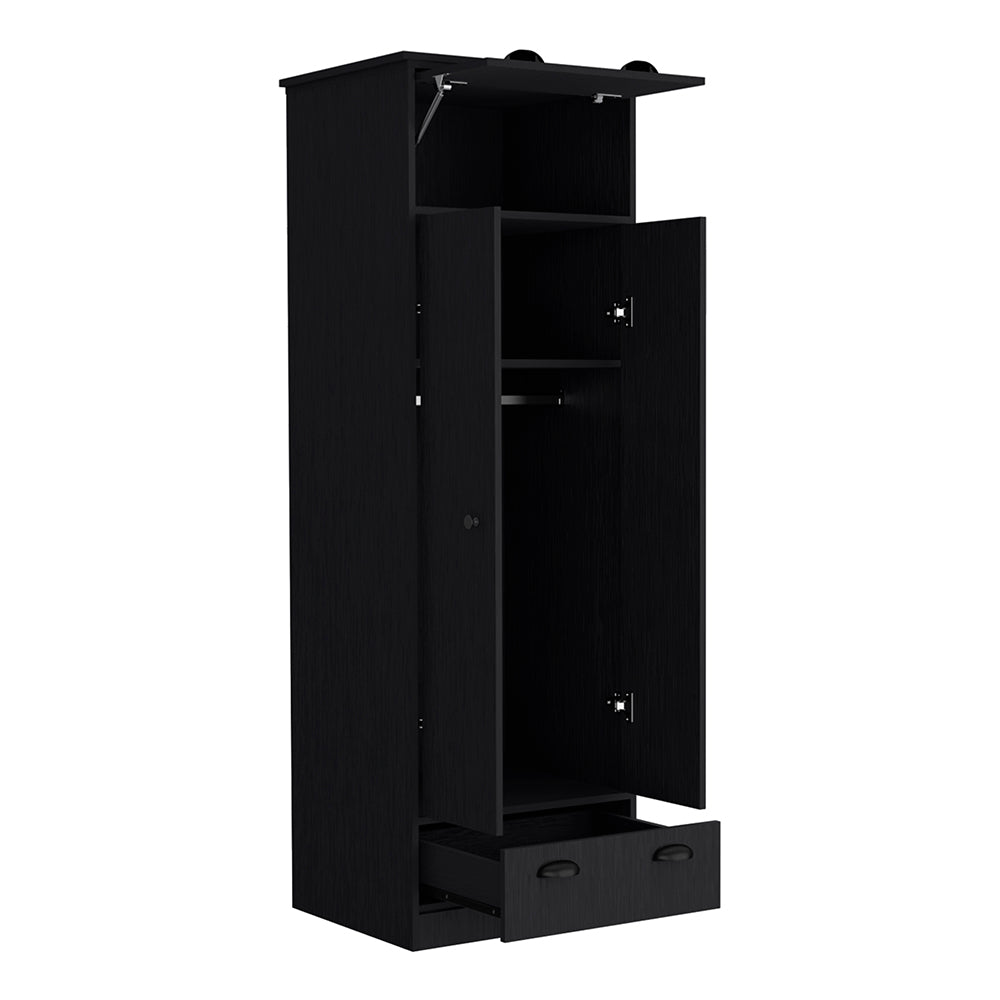 Dumas Armoire in black featuring two doors, a top-hinged drawer, and a lower drawer, showcasing its sleek design and ample storage space.