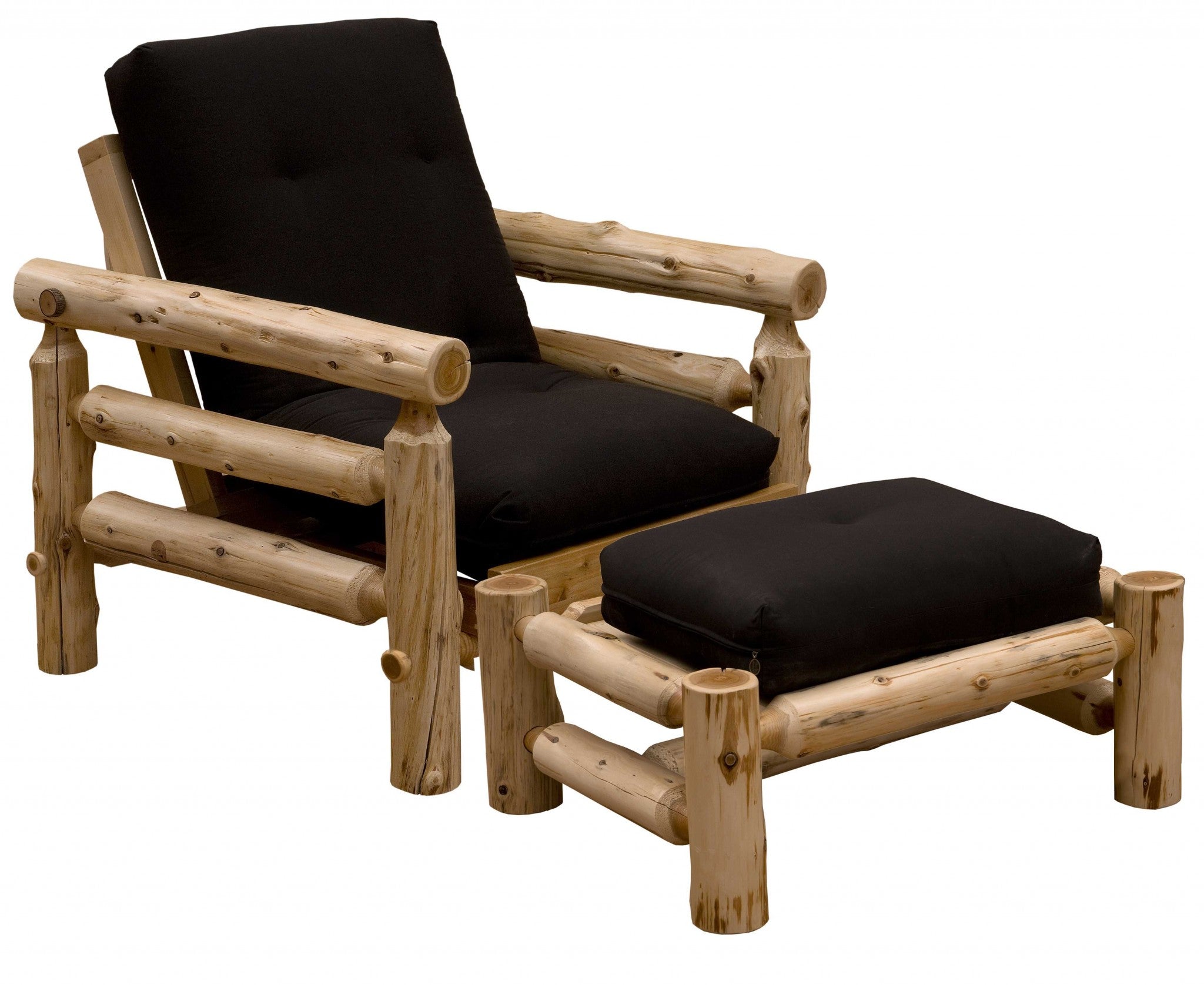 Authentic Log Cabin Natural Cedar Futon Chair and Ottoman Set showcasing rustic design and natural wood finish.