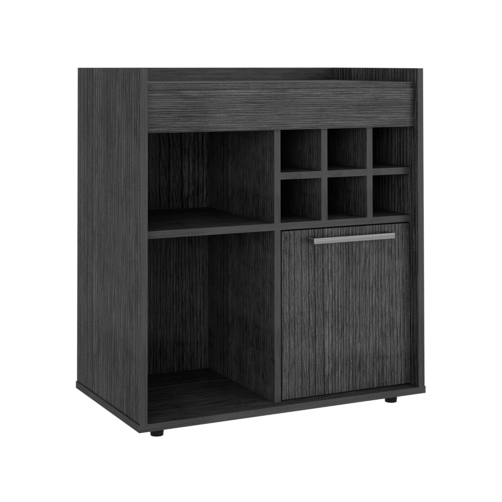Light gray Dext Bar Cabinet featuring concealed shelves and wine cubbies, elegantly designed for home storage.