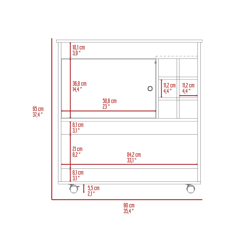 Aloha Bar Cart in black wengue finish with six bottle cubbies and a cabinet, showcasing a modern and elegant design.