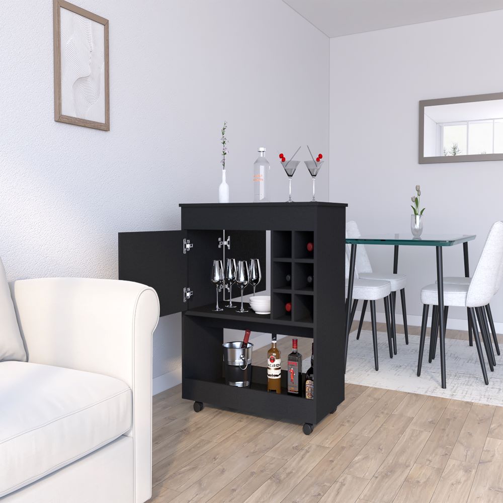 Aloha Bar Cart in black wengue finish with six bottle cubbies and a cabinet, showcasing a modern and elegant design.