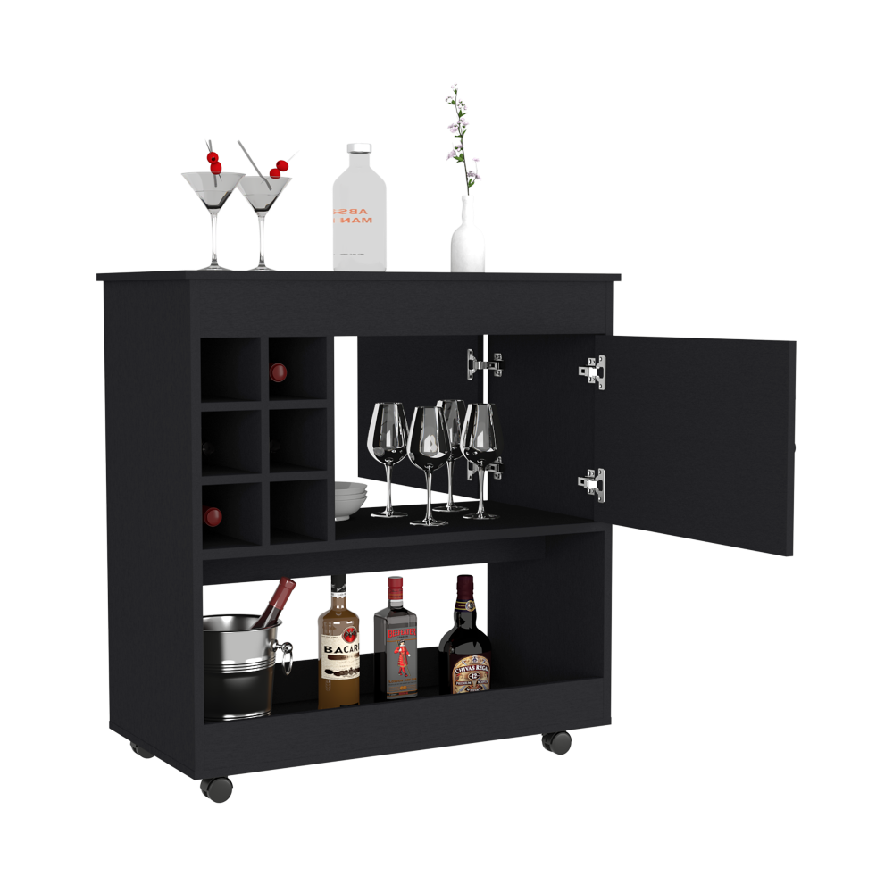 Aloha Bar Cart in black wengue finish with six bottle cubbies and a cabinet, showcasing a modern and elegant design.