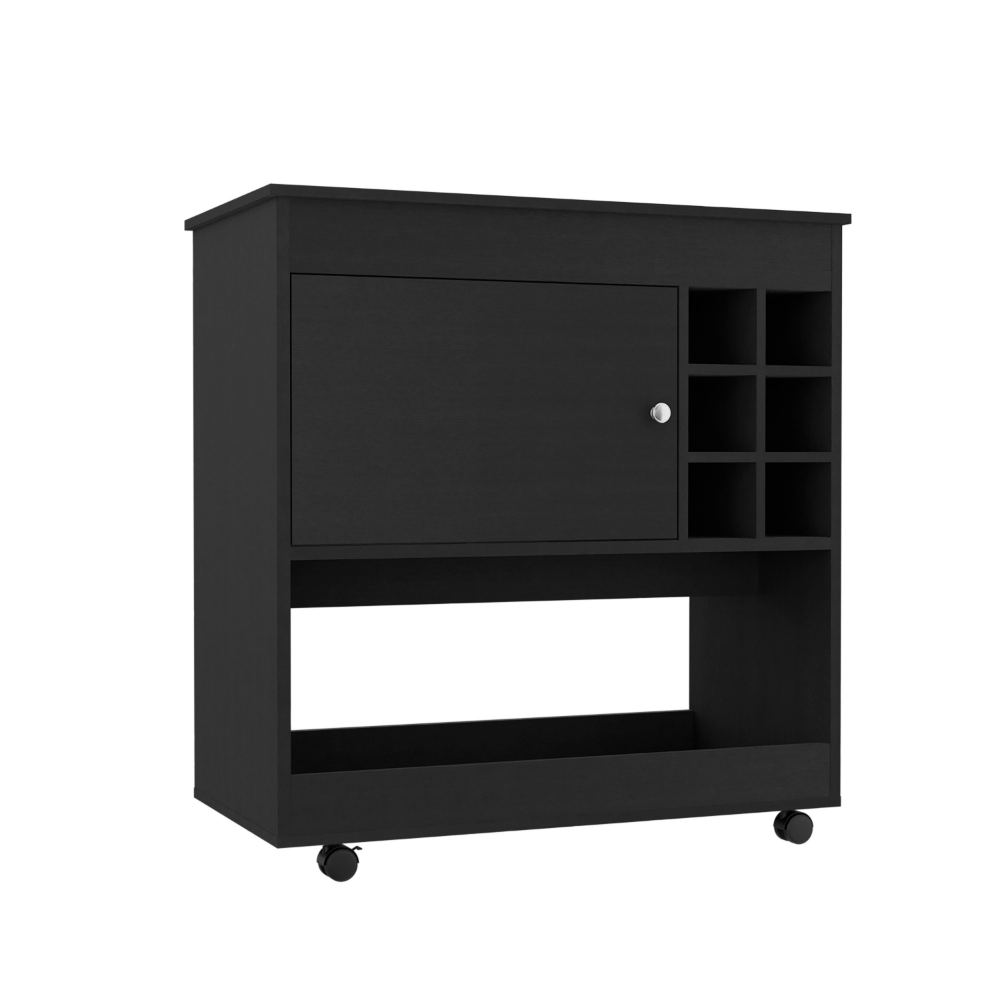 Aloha Bar Cart in black wengue finish with six bottle cubbies and a cabinet, showcasing a modern and elegant design.