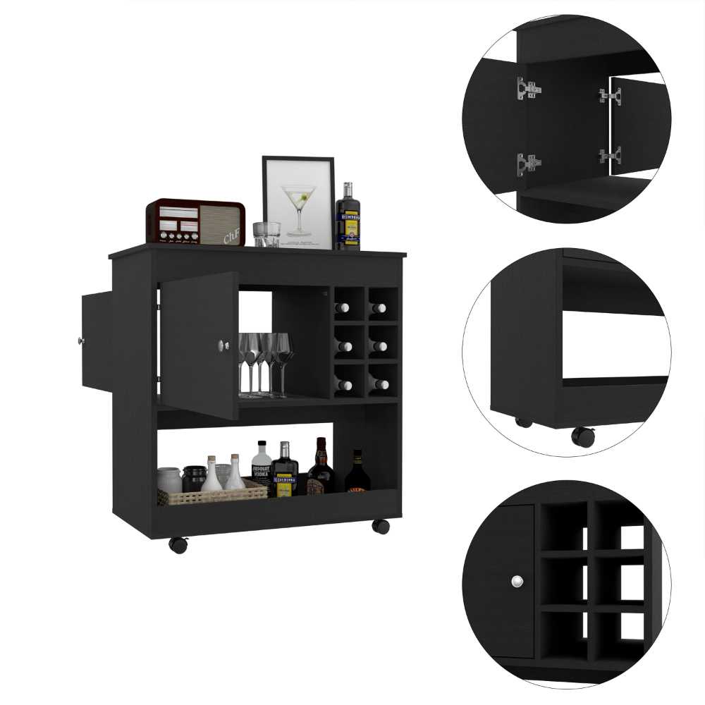 Aloha Bar Cart in black wengue finish with six bottle cubbies and a cabinet, showcasing a modern and elegant design.