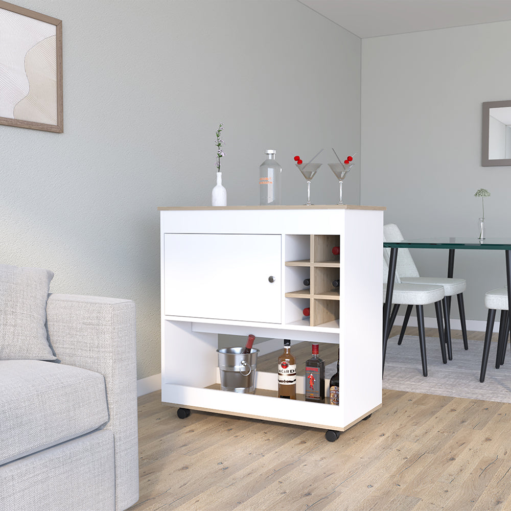 Aloha Bar Cart featuring six bottle cubbies, a spacious countertop, and a cabinet, finished in elegant light oak white.