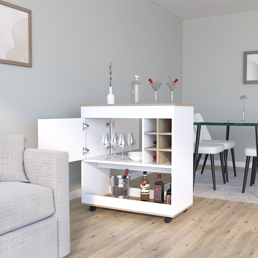 Aloha Bar Cart featuring six bottle cubbies, a spacious countertop, and a cabinet, finished in elegant light oak white.