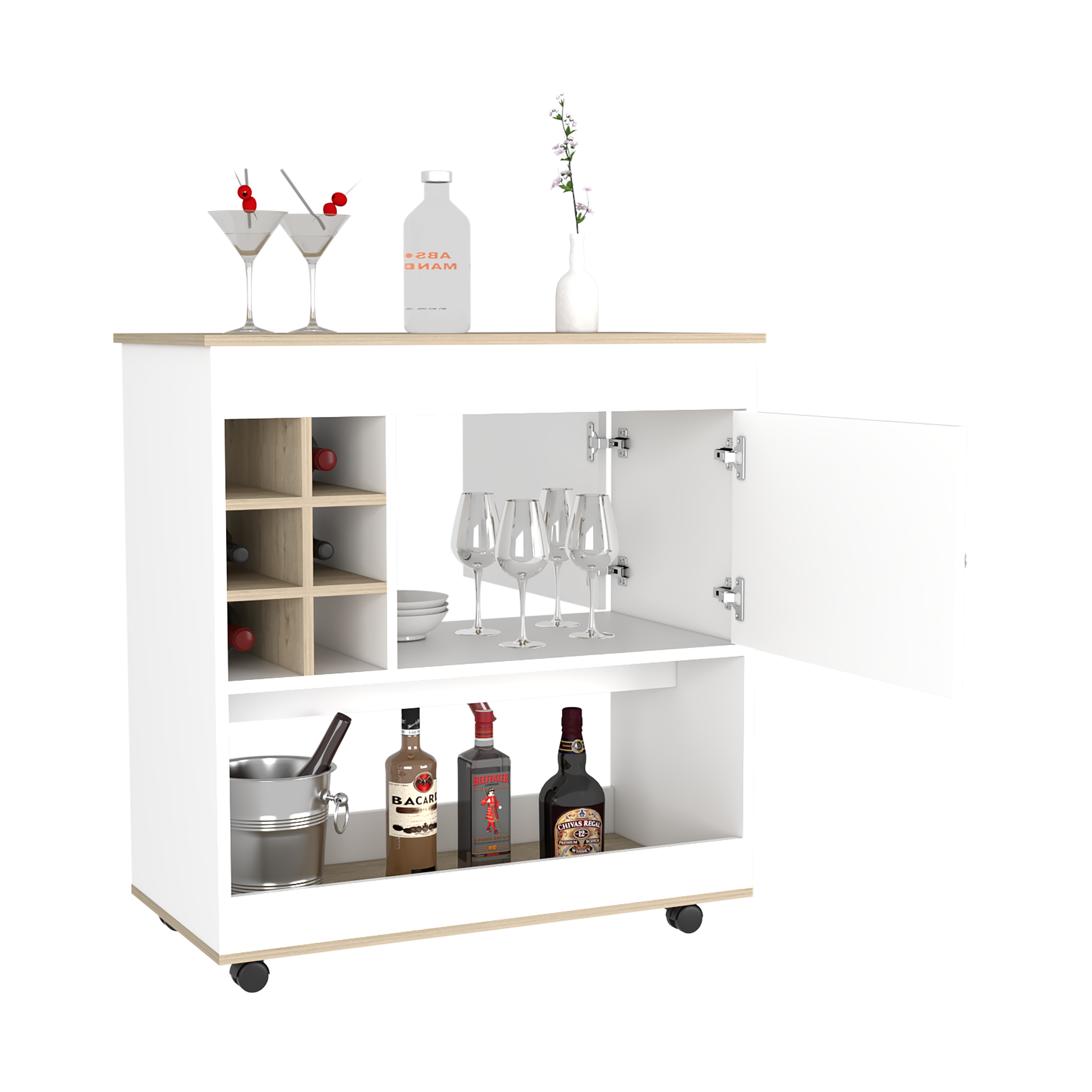 Aloha Bar Cart featuring six bottle cubbies, a spacious countertop, and a cabinet, finished in elegant light oak white.