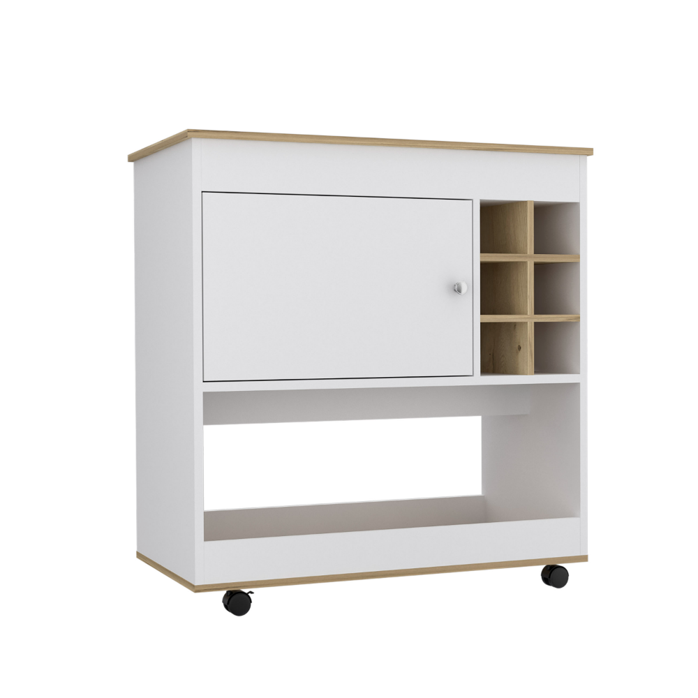 Aloha Bar Cart featuring six bottle cubbies, a spacious countertop, and a cabinet, finished in elegant light oak white.