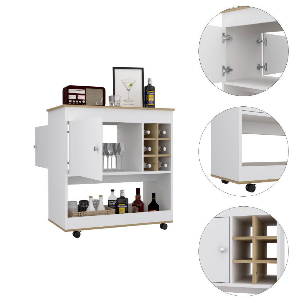 Aloha Bar Cart featuring six bottle cubbies, a spacious countertop, and a cabinet, finished in elegant light oak white.