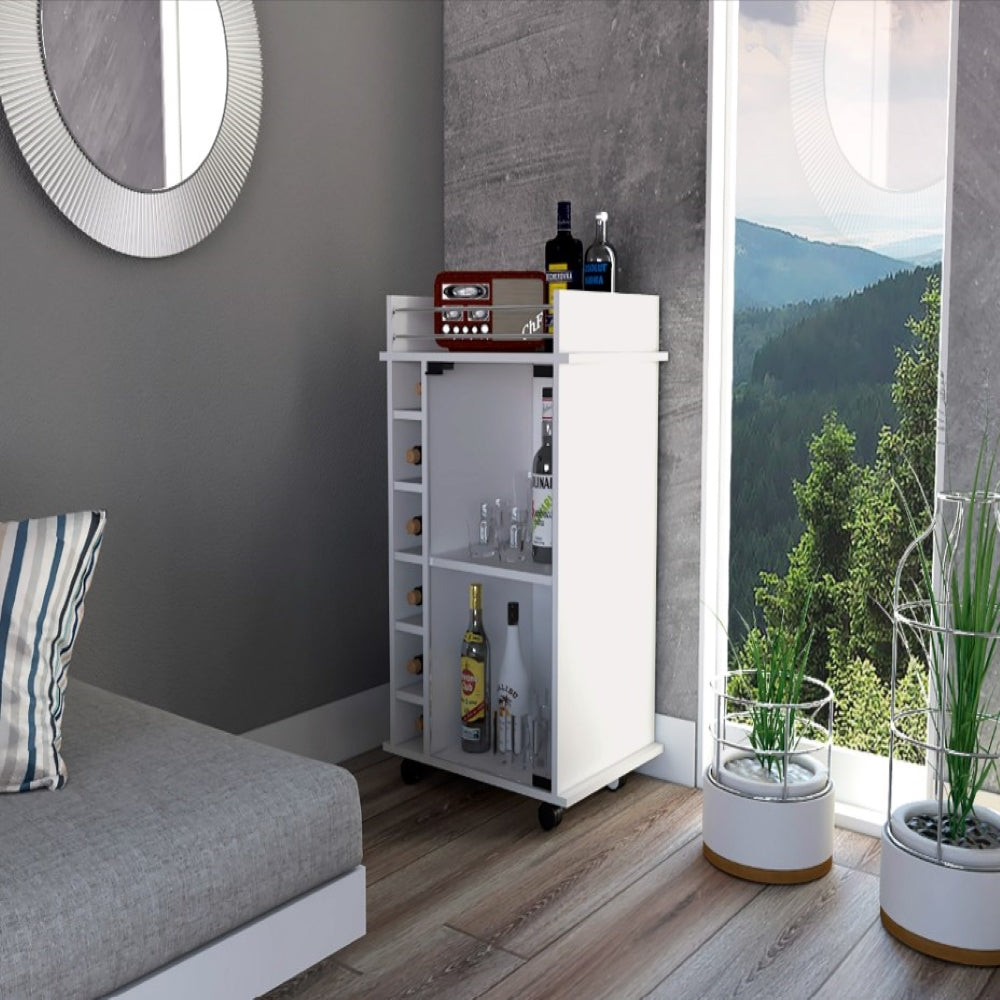 Baltimore Bar Cart featuring six wine cubbies, glass door, and four caster wheels, elegantly designed in white manufactured wood.