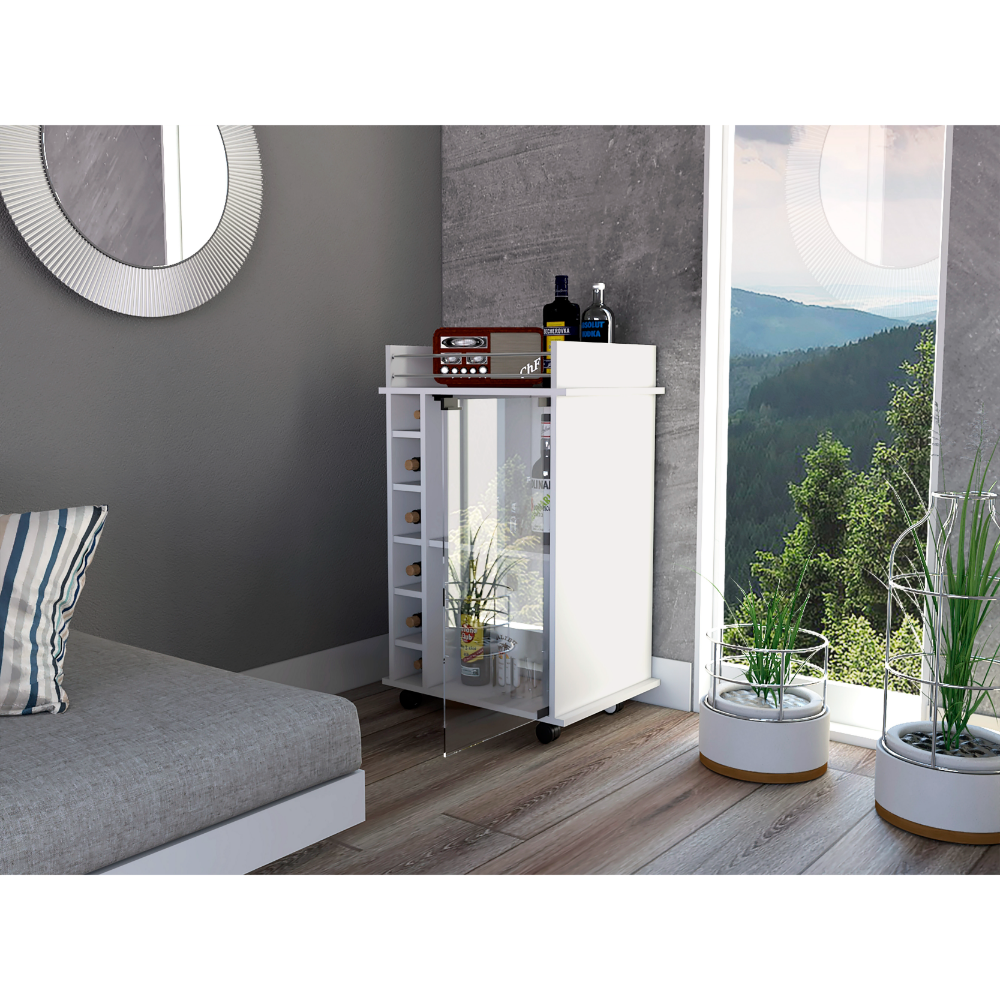 Baltimore Bar Cart featuring six wine cubbies, glass door, and four caster wheels, elegantly designed in white manufactured wood.