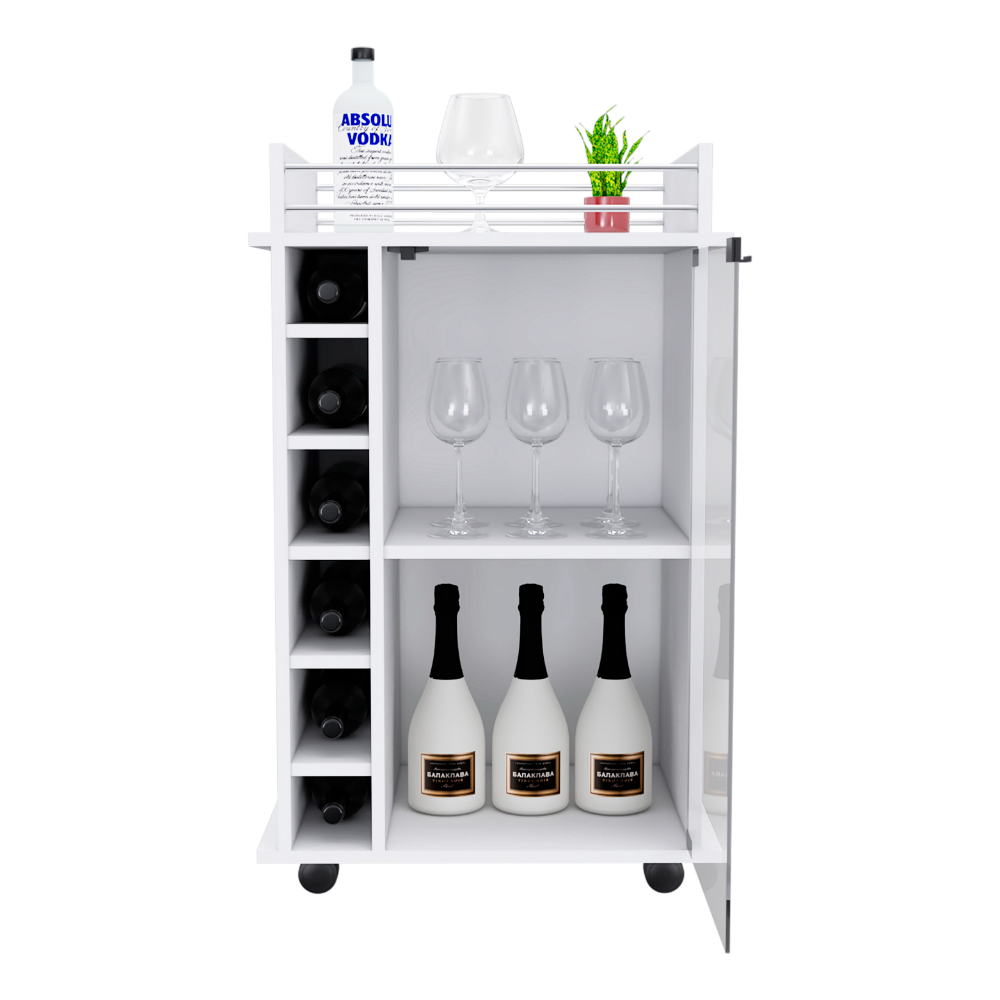 Baltimore Bar Cart featuring six wine cubbies, glass door, and four caster wheels, elegantly designed in white manufactured wood.