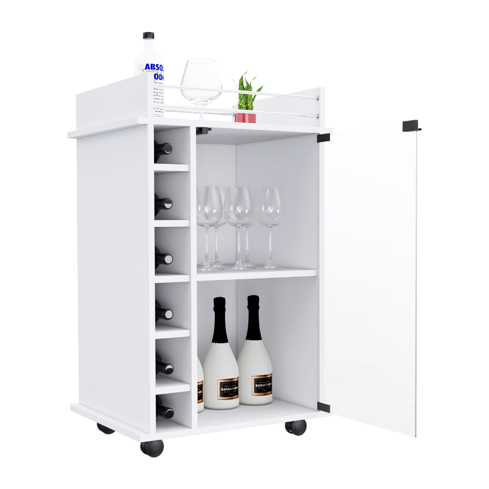 Baltimore Bar Cart featuring six wine cubbies, glass door, and four caster wheels, elegantly designed in white manufactured wood.