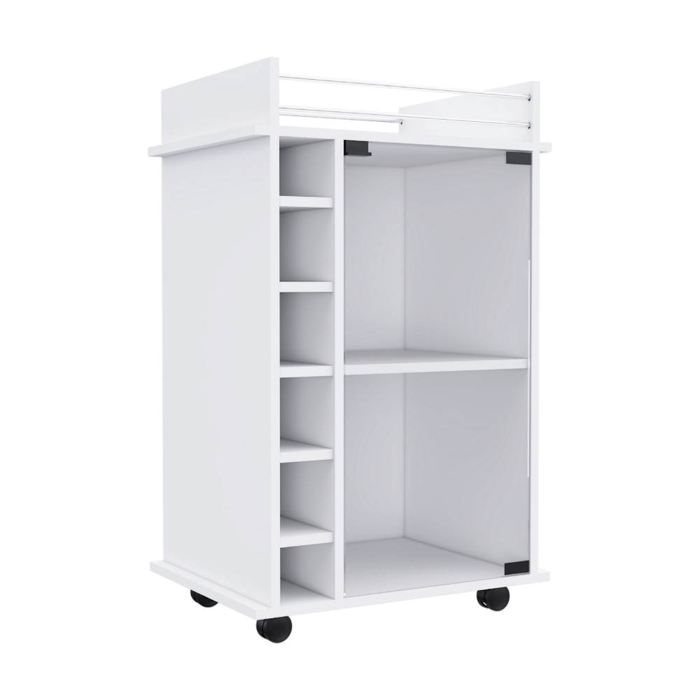 Baltimore Bar Cart featuring six wine cubbies, glass door, and four caster wheels, elegantly designed in white manufactured wood.