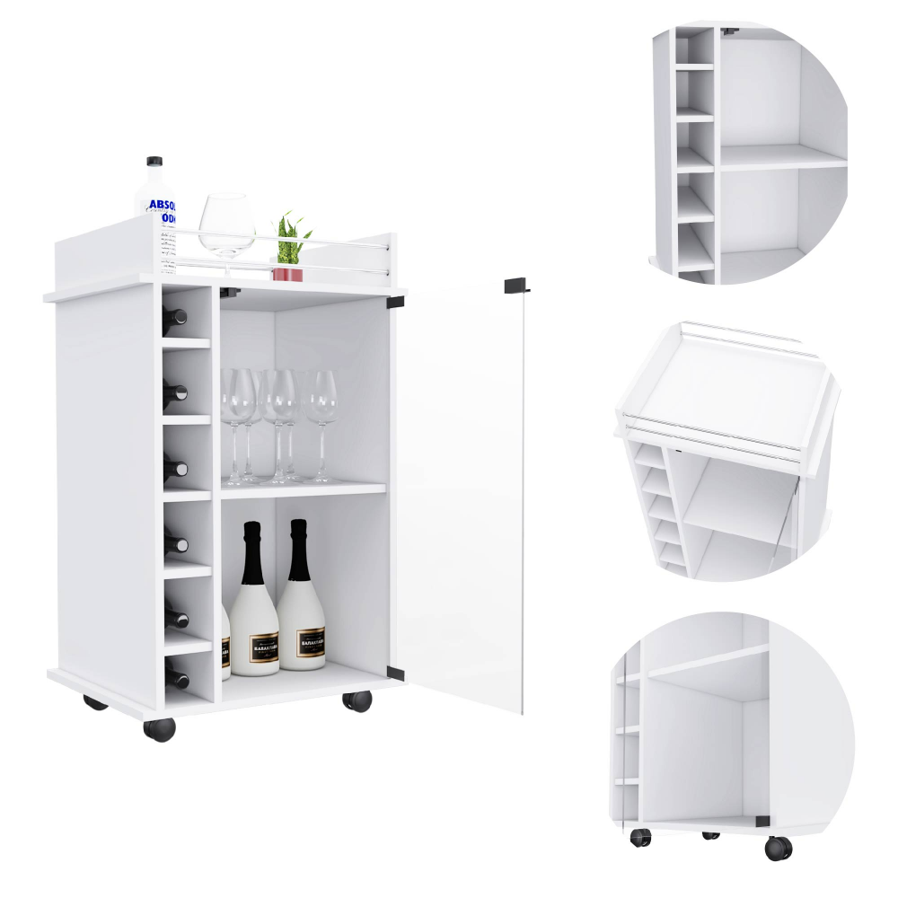 Baltimore Bar Cart featuring six wine cubbies, glass door, and four caster wheels, elegantly designed in white manufactured wood.