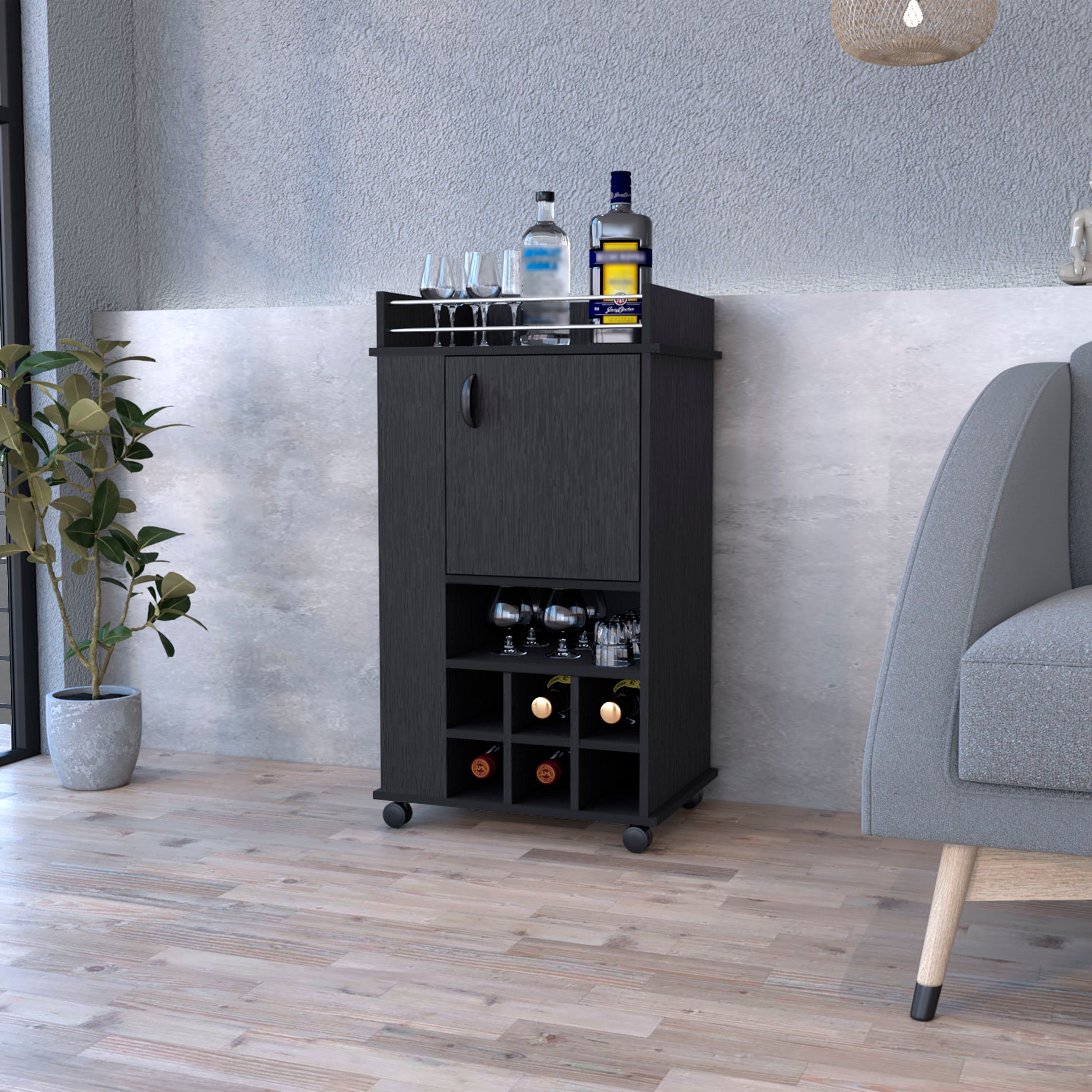 Reese Bar Cart with Casters in black wengue finish, featuring six wine cubbies and a single-door cabinet.