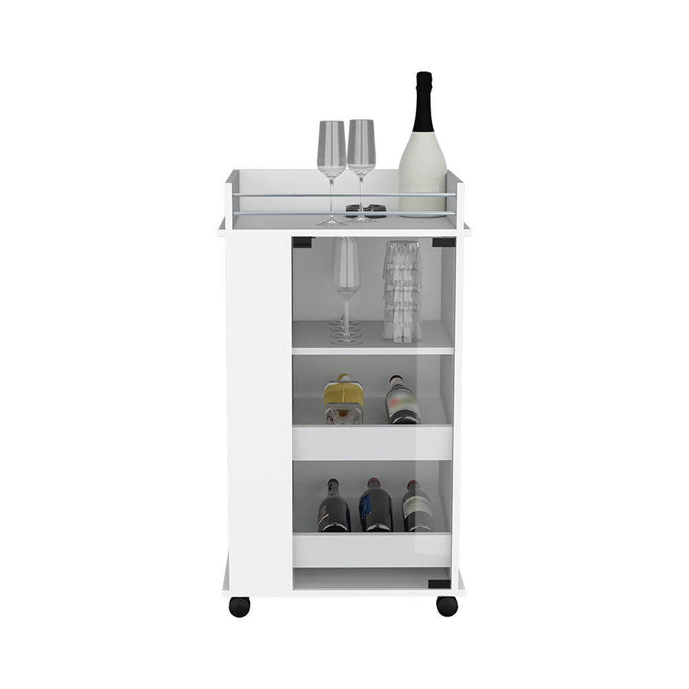 Beaver Bar Cart featuring a sleek glass door and two side shelves for storage, elegantly displaying bottles and glassware.