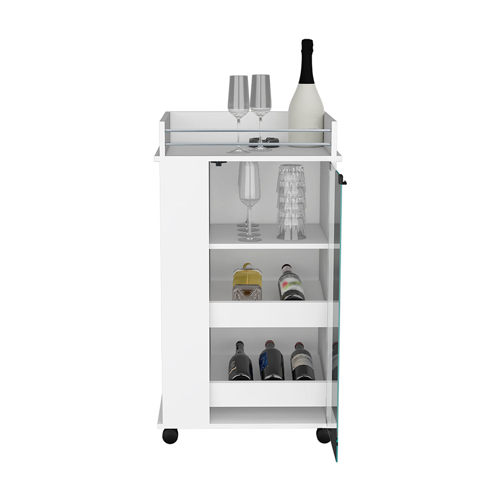 Beaver Bar Cart featuring a sleek glass door and two side shelves for storage, elegantly displaying bottles and glassware.