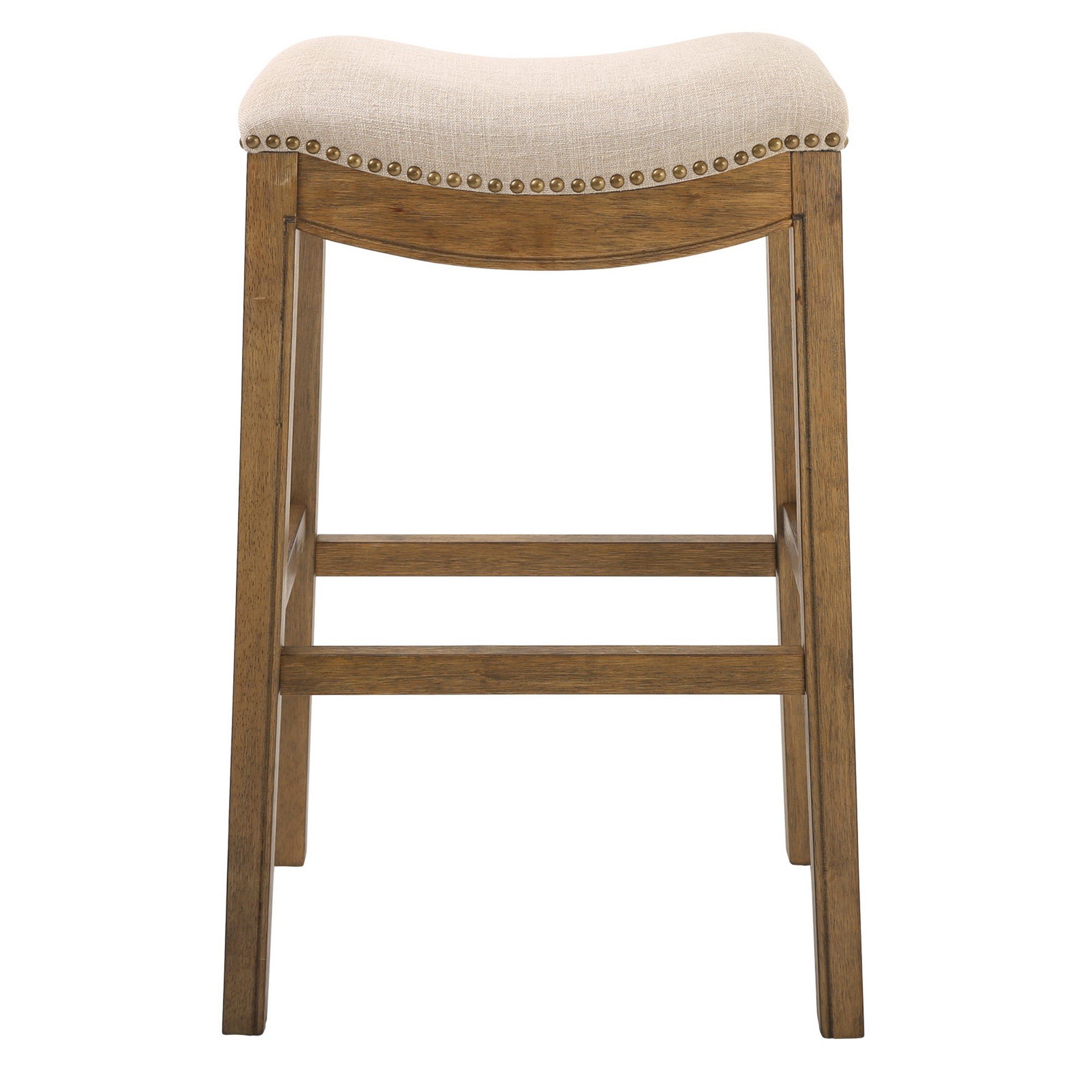 Bar Height Saddle Style Counter Stool with cream fabric upholstery and antique brass nail head accents, showcasing a solid wood frame.