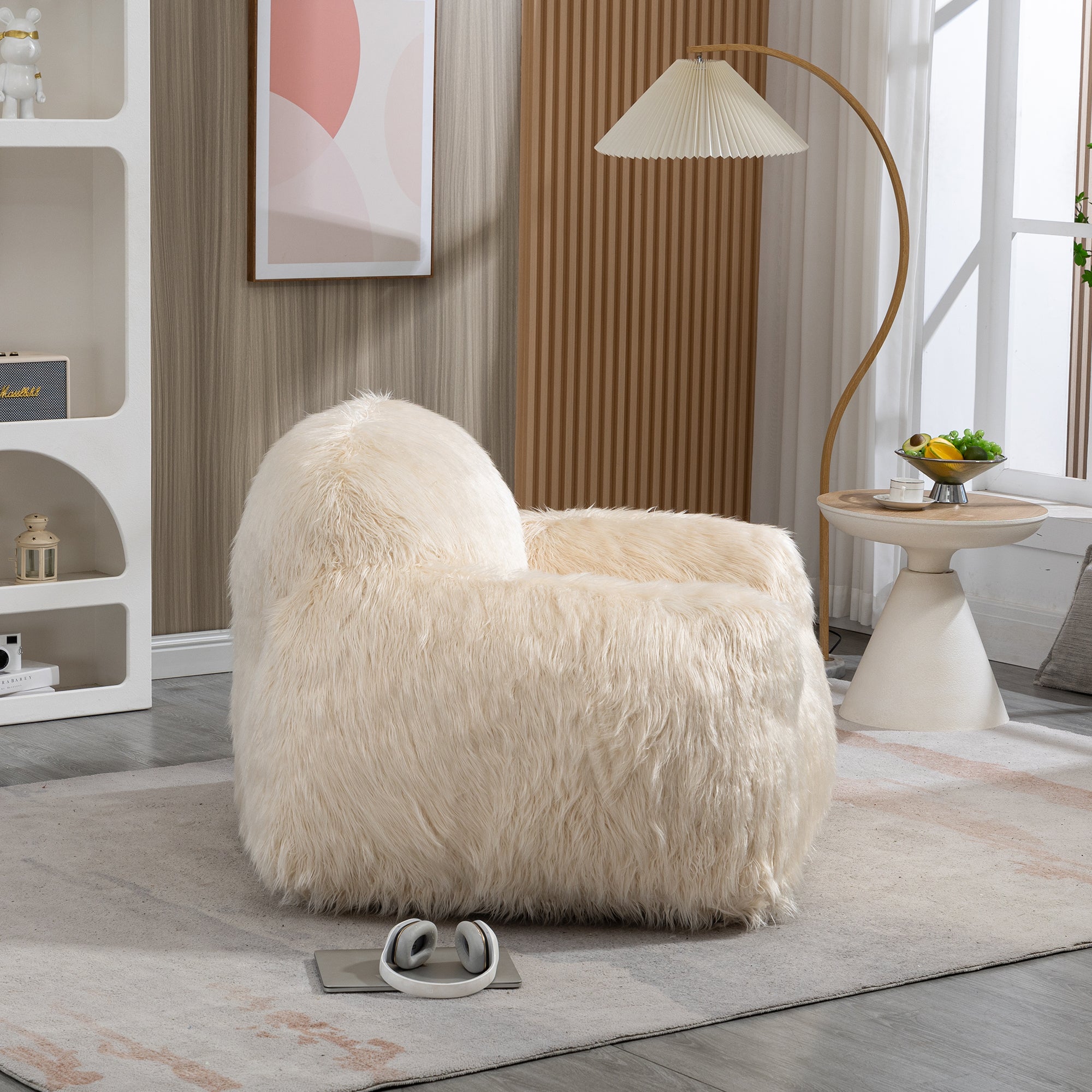 A stylish beige bean bag chair made of faux fur, designed for comfort and relaxation, suitable for adults and teens.