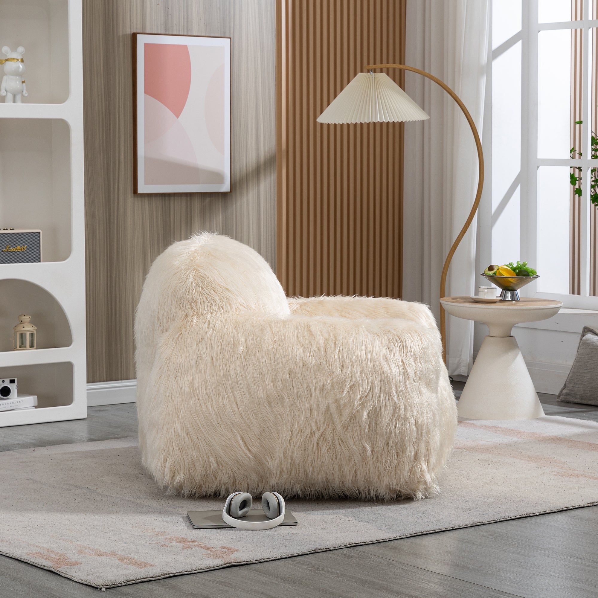 A stylish beige bean bag chair made of faux fur, designed for comfort and relaxation, suitable for adults and teens.
