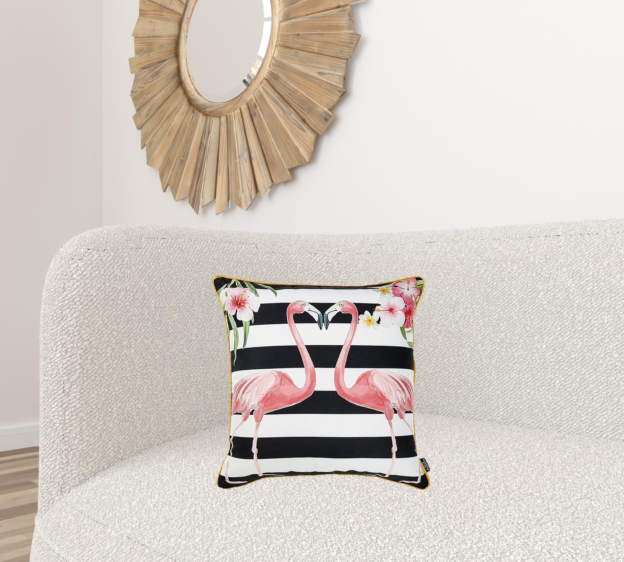 Black and white decorative throw pillow cover featuring flamingo lovers design with gold piping and hidden zipper closure.