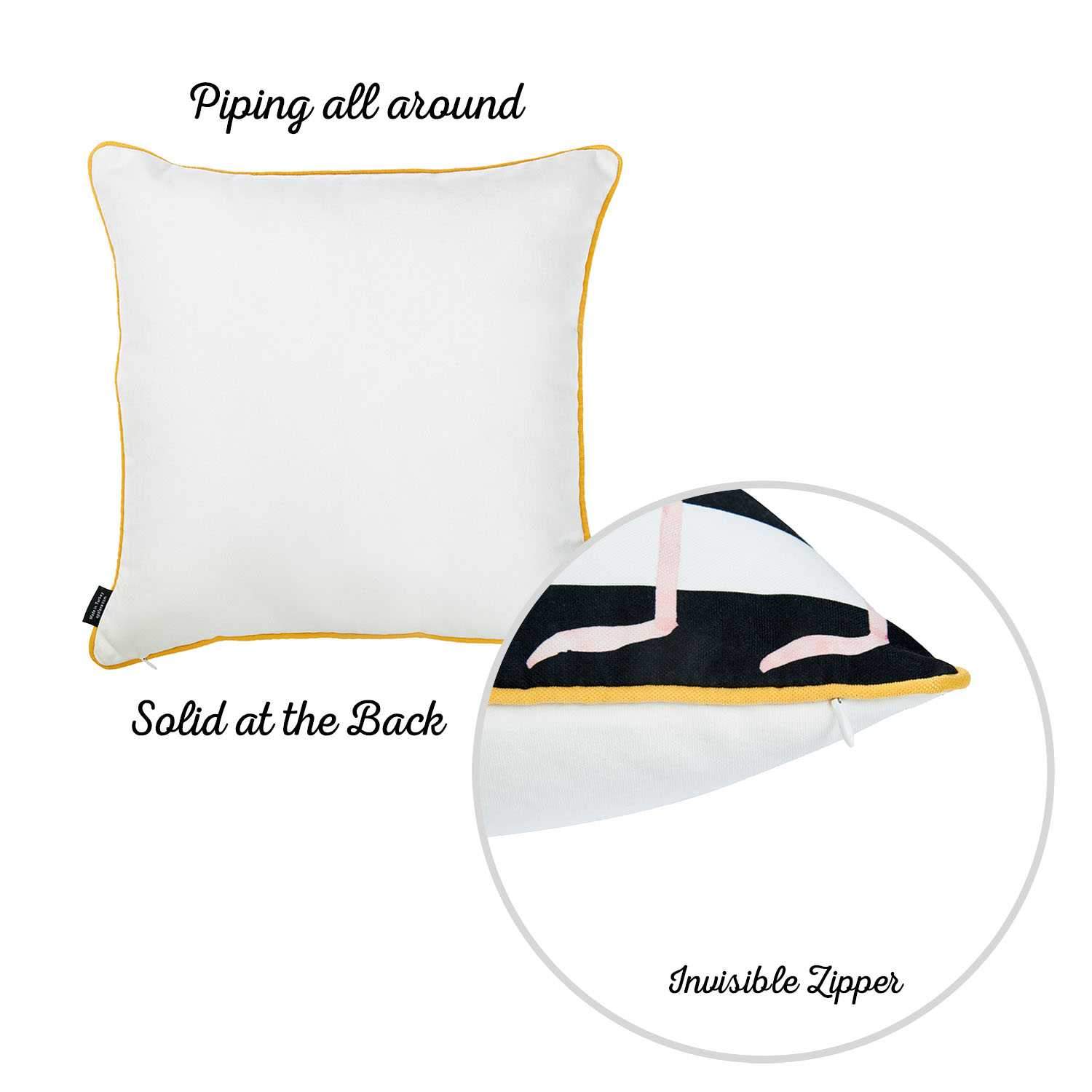 Black and white decorative throw pillow cover featuring flamingo lovers design with gold piping and hidden zipper closure.