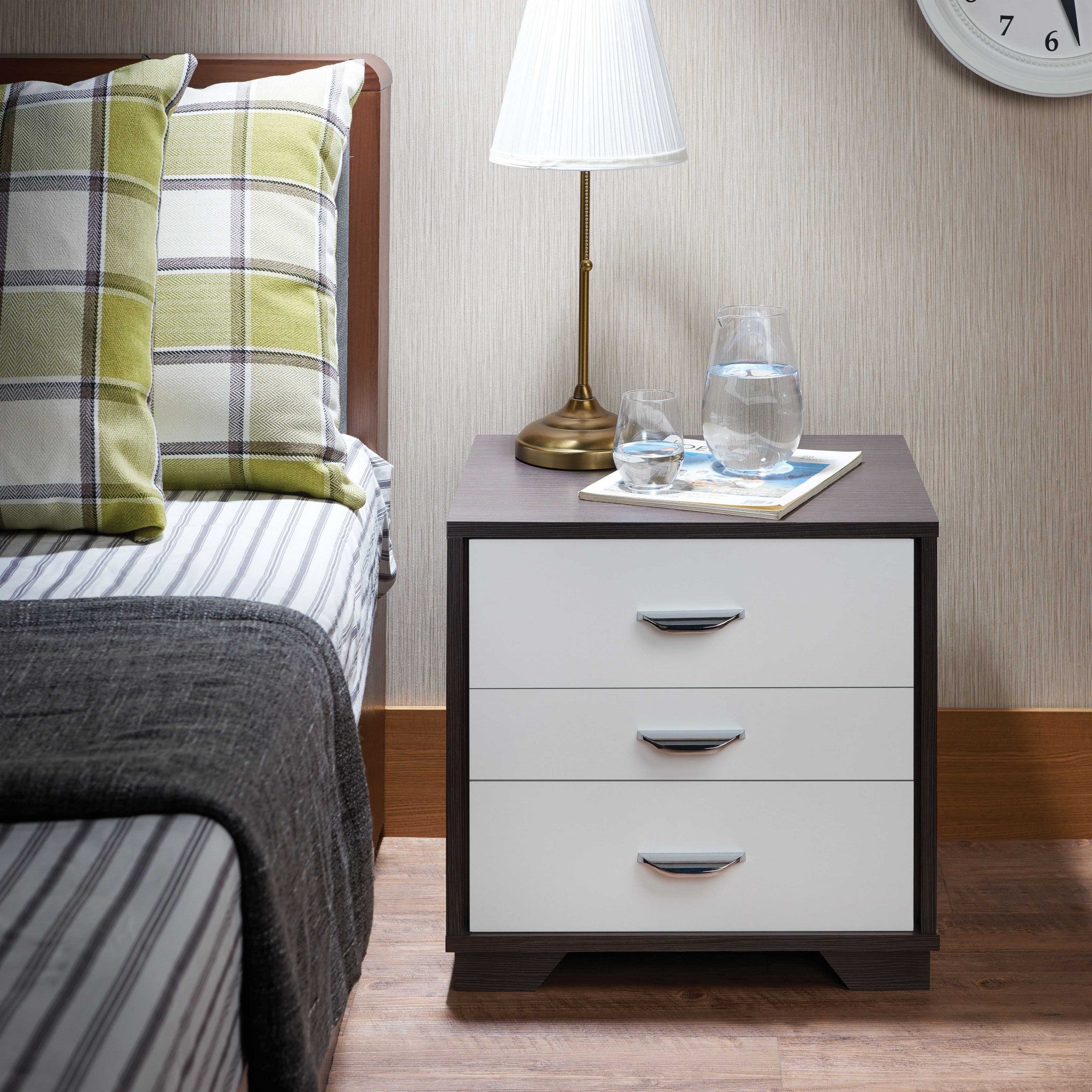 Black and White Metal 3 Drawer Nightstand with three drawers and modern design, perfect for bedroom or living room.