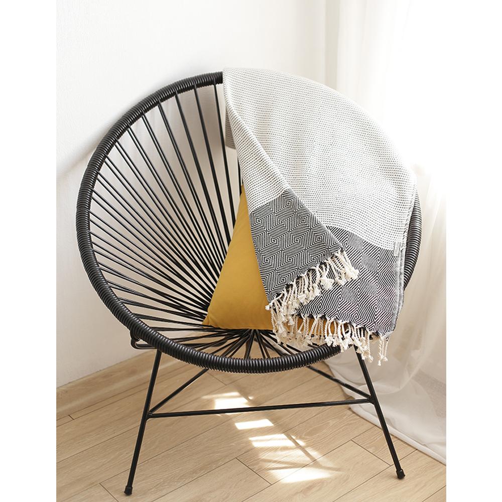 Black and white Turkish towel or throw blanket featuring geometric squares and stripes design with cotton fringe.