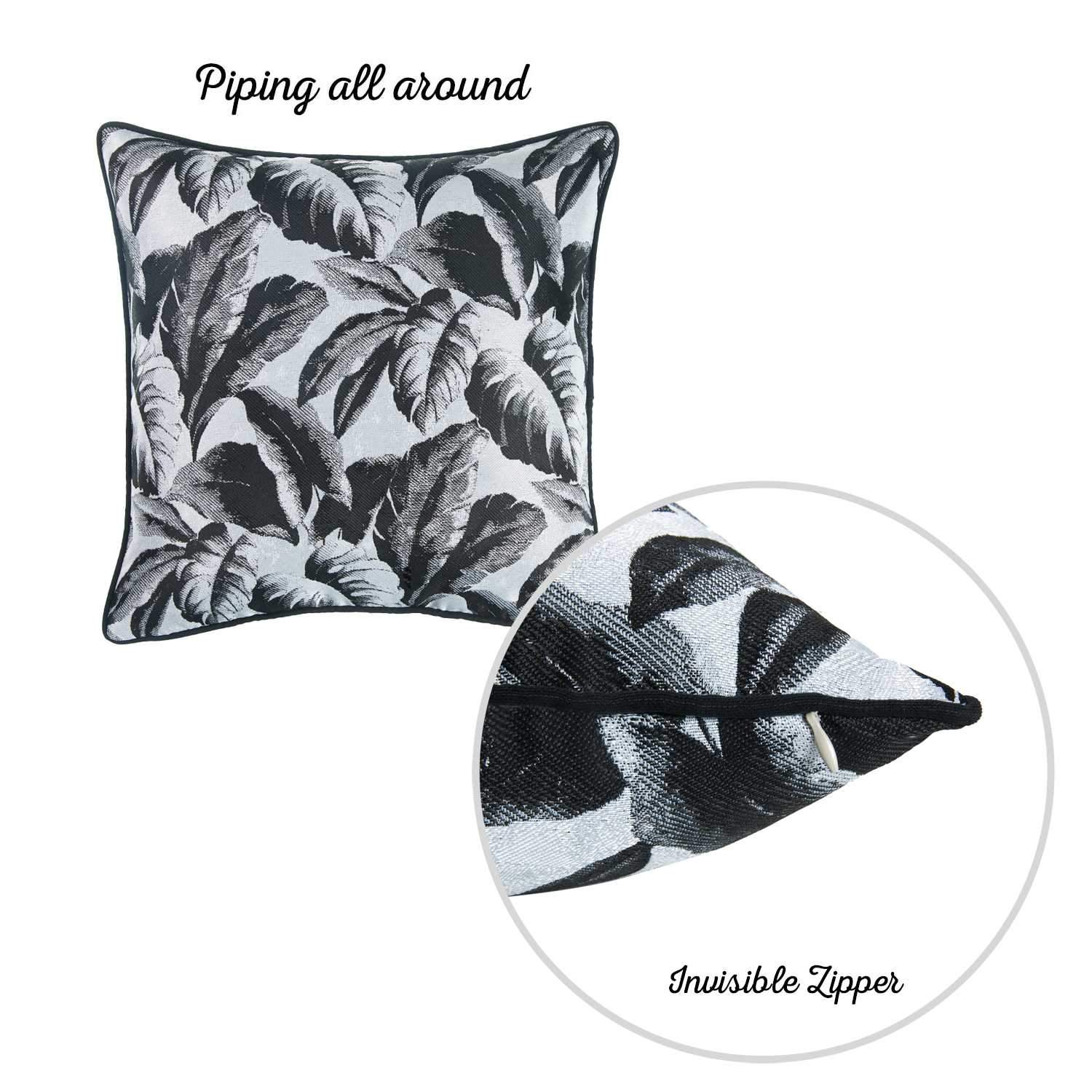 Black and white decorative throw pillow cover featuring a tropical leaf design, made from soft jacquard fabric with a hidden zipper closure.