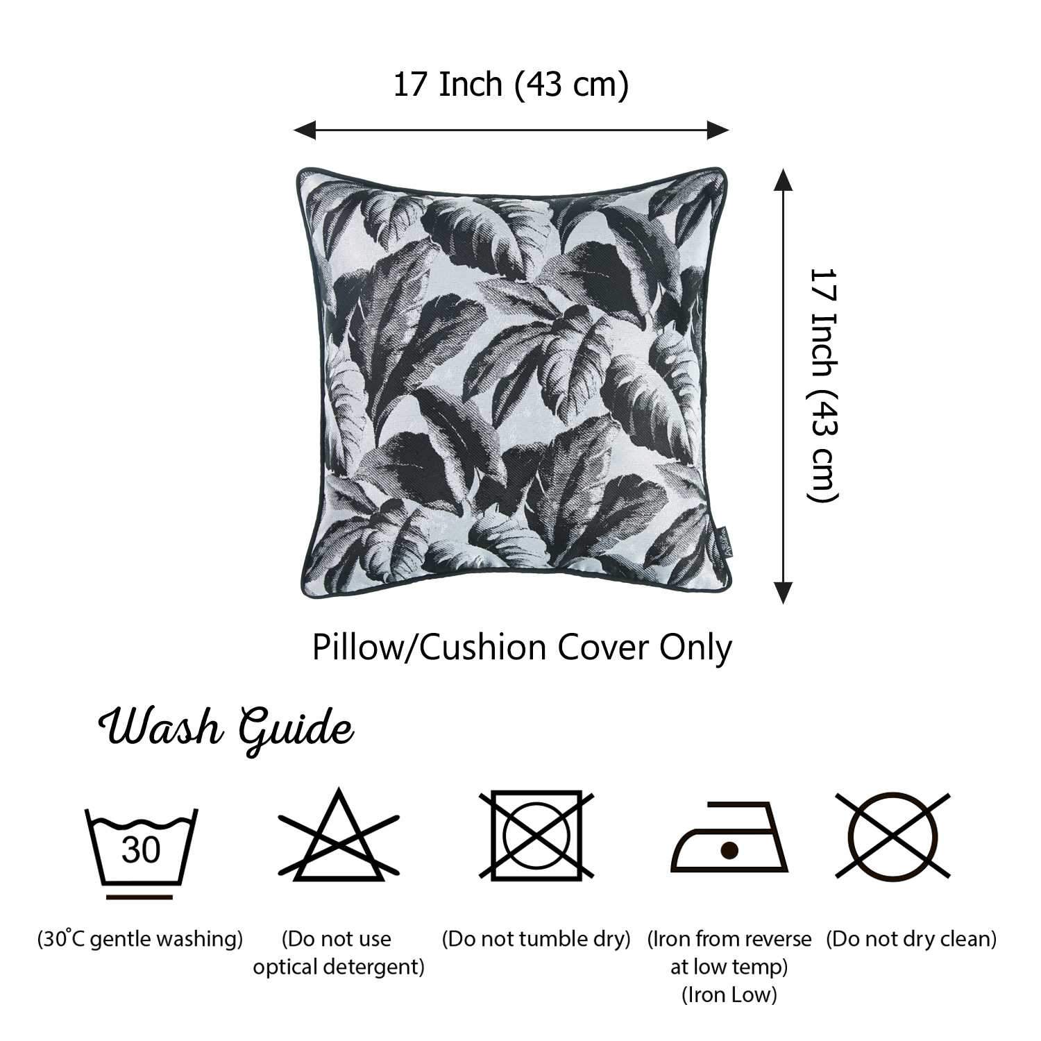 Black and white decorative throw pillow cover featuring a tropical leaf design, made from soft jacquard fabric with a hidden zipper closure.