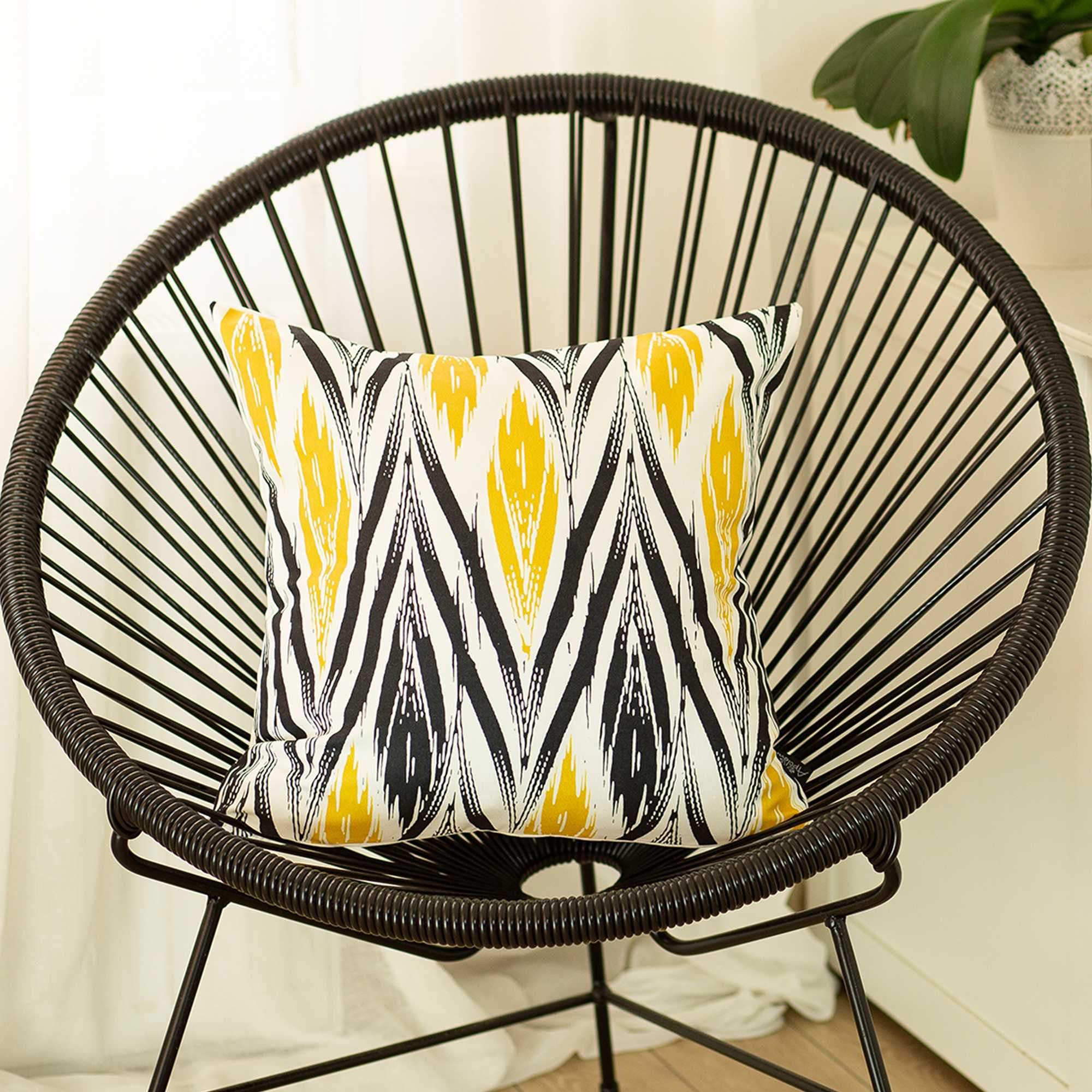 Black and yellow decorative throw pillow cover featuring a zig zag pattern, soft brushed polyester material, and hidden zipper closure.