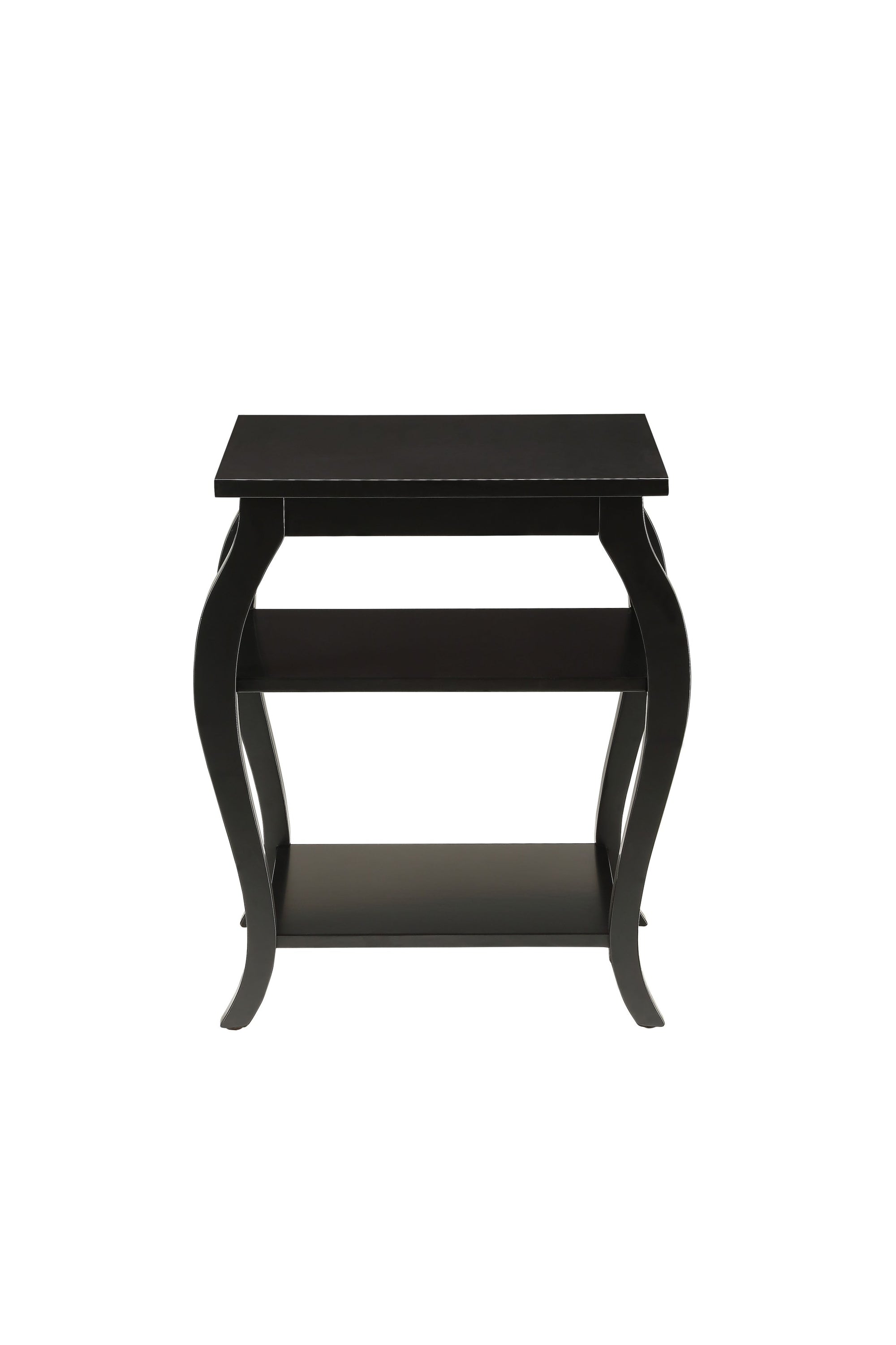 Black Finish Bow Leg Square End Table with two bottom shelves and stylish cabriole legs, perfect for living room or bedroom.