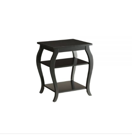 Black Finish Bow Leg Square End Table with two bottom shelves and stylish cabriole legs, perfect for living room or bedroom.