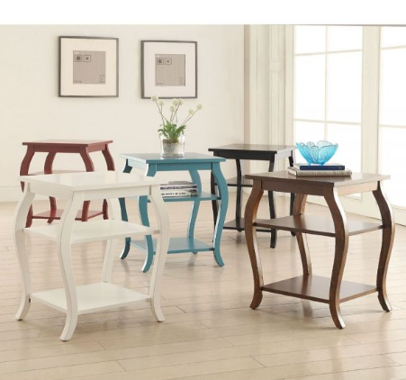 Black Finish Bow Leg Square End Table with two bottom shelves and stylish cabriole legs, perfect for living room or bedroom.