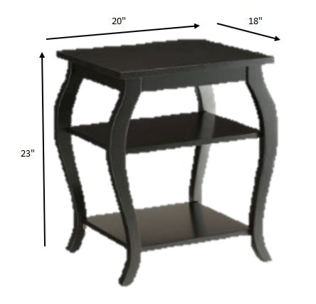 Black Finish Bow Leg Square End Table with two bottom shelves and stylish cabriole legs, perfect for living room or bedroom.
